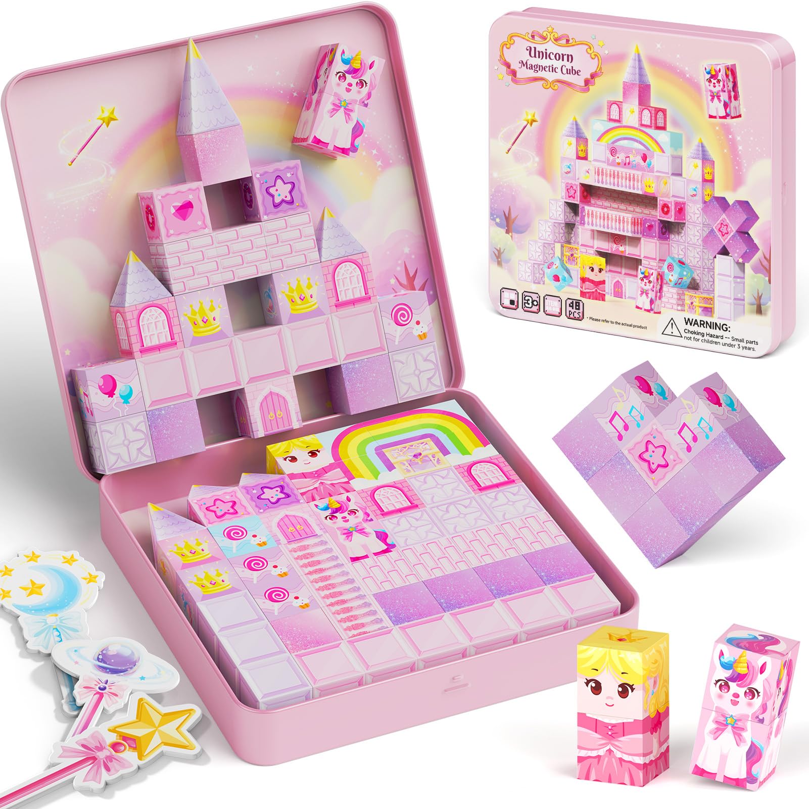 burgkidz 48-teiliges Einhorn-Magnetbausteine-Set – 2 cm Magnetwürfel mit Zauberstäben & Reiseblechdose – 30s Aufräumen für Zug, Flugzeug & Camping – Prinzessinnen-Geschenk für Mädchen ab 3 Jahren