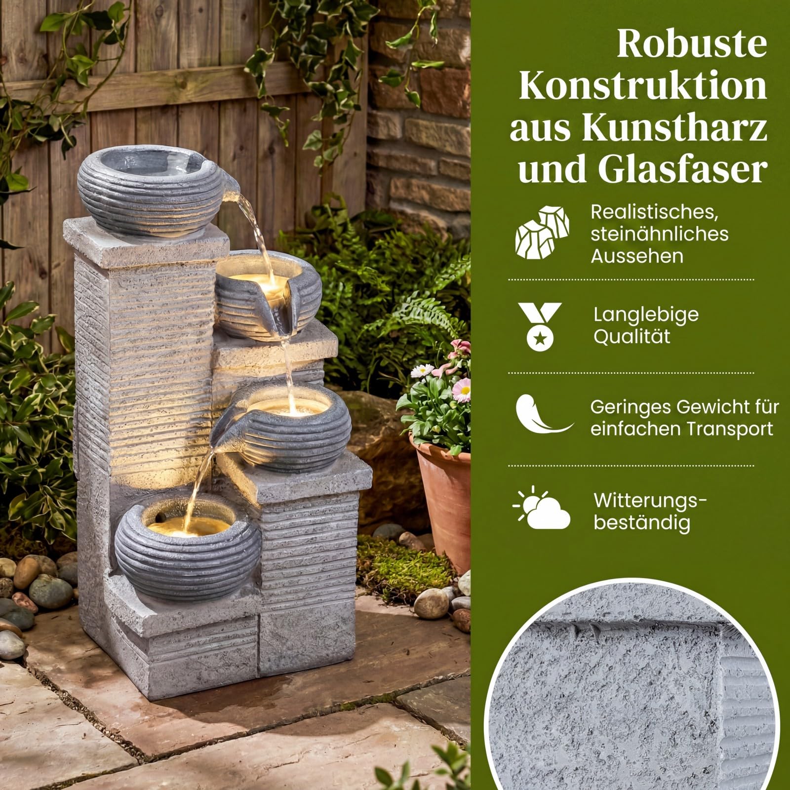 COSTWAY 4-stufiger Springbrunnen, Gartenbrunnen mit LED Beleuchtung & Pumpe, Kaskadenbrunnen Kunstharz, Steinoptik, Zimmerbrunnen draußen, Wasserfall Brunnen Garten, 28 x 22 x 58 cm