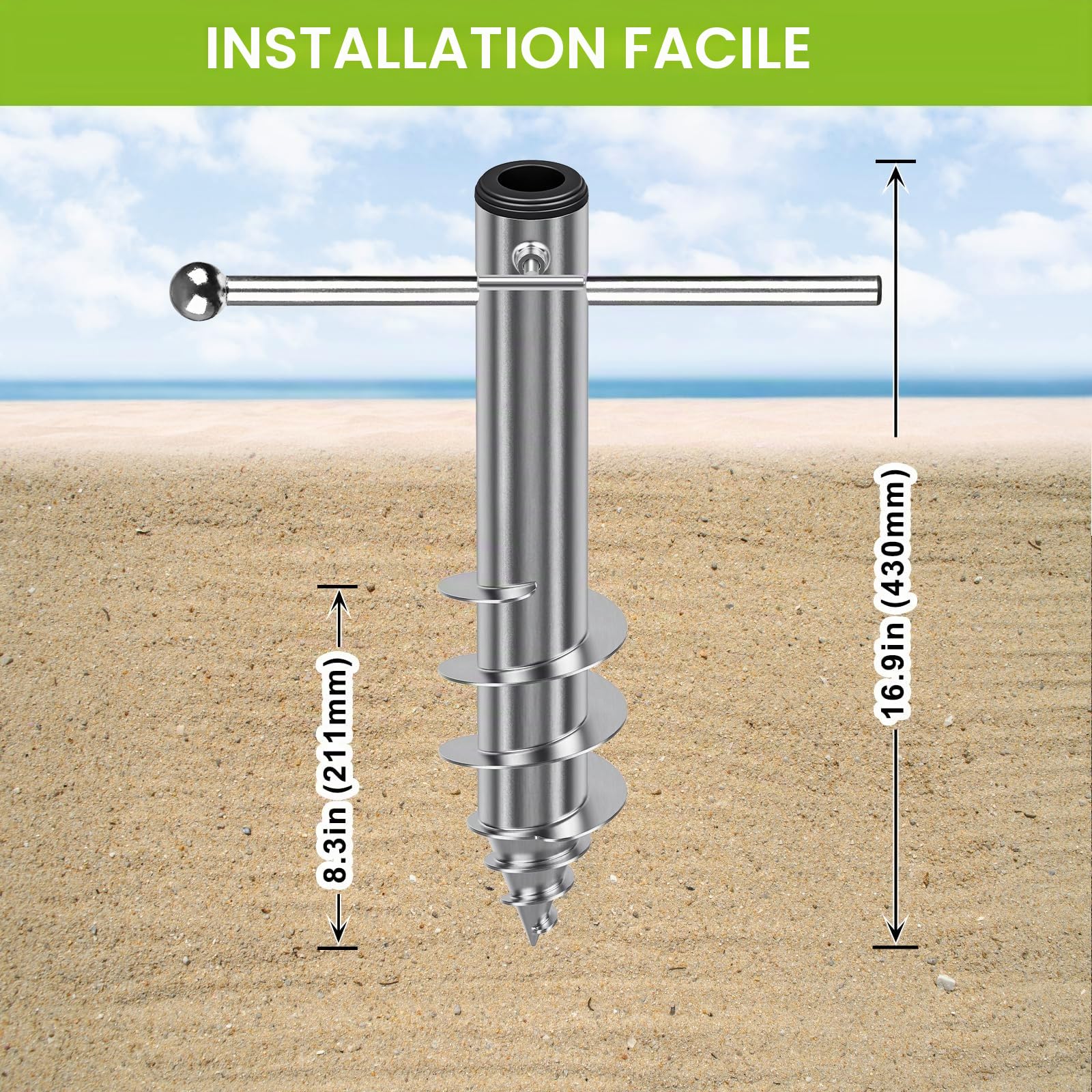 Dolibest Ancre de Sable pour Parasol de Plage en Acier Robuste (3 Manchons, mâts 2,5–5,1 cm) – Piquet Coupe-Vent à Spirale soudée pour Une stabilité optimale