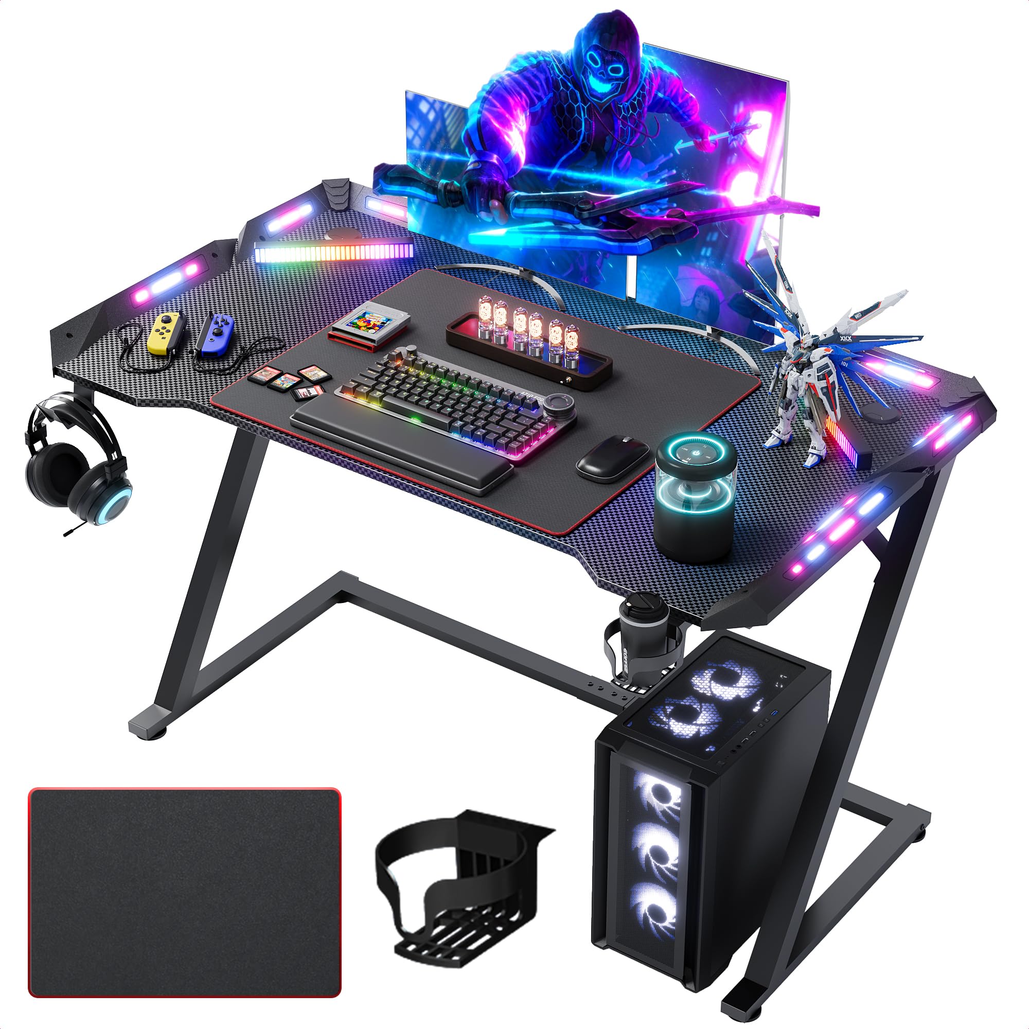 Claiks Bureau de jeu avecRGB LED, ergonomique, pour joueurs passionnés, Bureau gaming avec porte-liquide et crochet pour