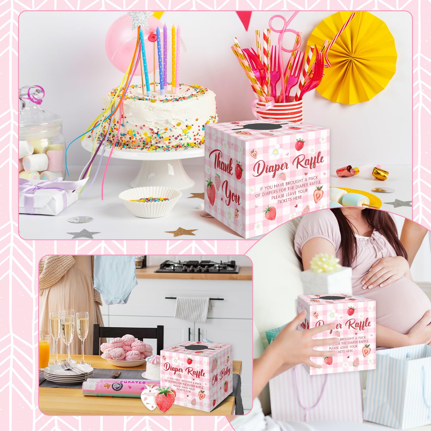 Berry Sweet Baby Shower Dekoracje - 50 szt. Różowa Truskawka Pielucha Loteria Bilety z Pudełkiem, Jagoda Słodkie Dziecko jest w drodze Dekoracje, Truskawka Baby Shower Pudełko na pieluchy