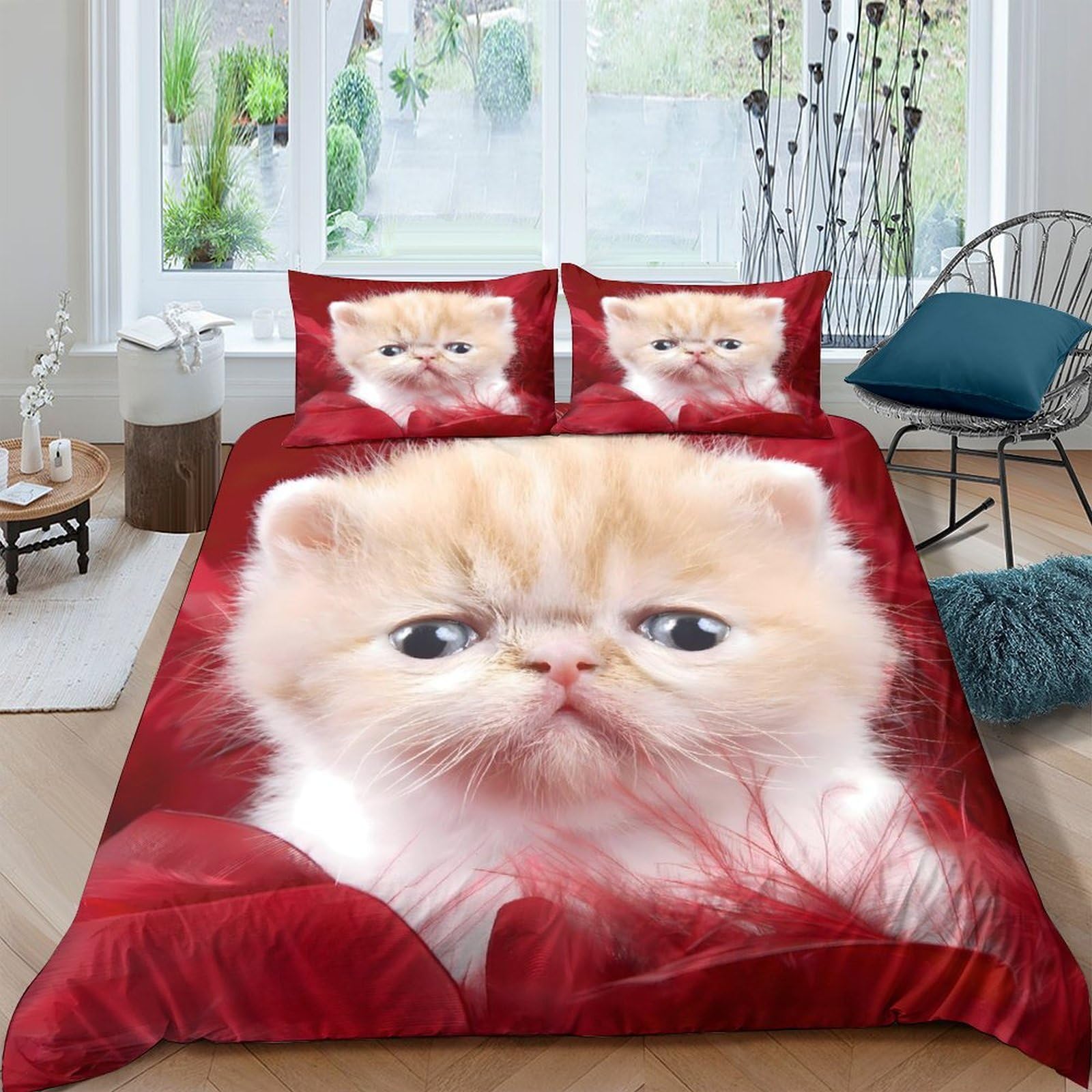 Ctjqhvkz Style-4 3D Printed Cute Cat Fitted Sheet Microfiber Red Bedroom Decor Kitten Mattress Cover For Home Guest Room Dorm Single（135X200cm）
