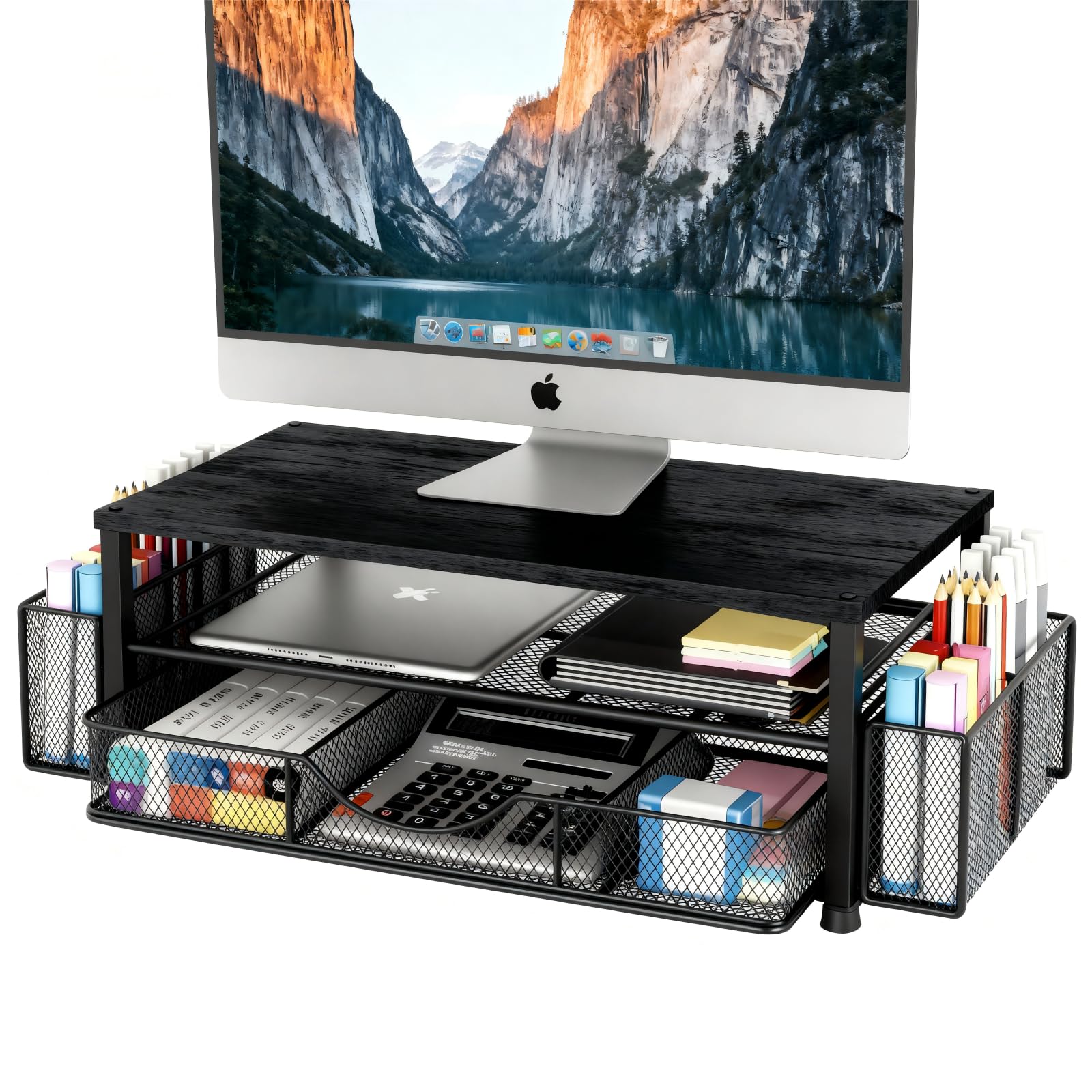 Wood Monitor Stand with Drawer & 2 Pen Holders | 2-Tier Desktop Monitor Riser & Desk Organizer for Computer, Laptop | Desktop Stand for Home Office Accessories (Black)