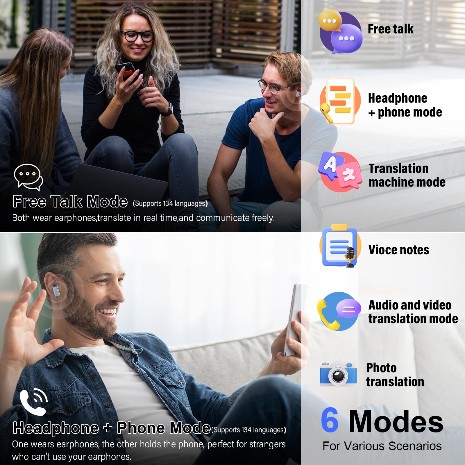 Ecouteur Traducteur Instantané, 40 Heure Bluetooth 5.4 Ecouteurs sans Fil avec 164 Langues, 3 en 1 Écouteur AI Traduction Vocale Instantanée, 7 Modes de Traduction pour Affaires/Études, Bleu