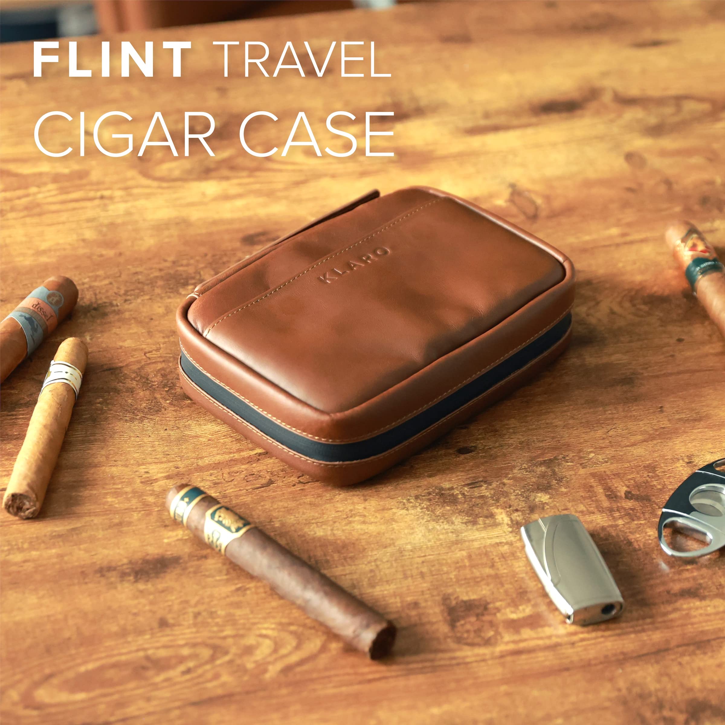 Klaro Travel Funda de cuero para cigarros, 5 compartimentos para accesorios, 2 bolsillos para humidificación, protección interna de carcasa dura, color marrón