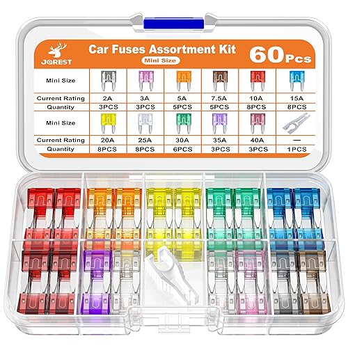 JOREST Juego de fusibles de repuesto para automóvil, 60 piezas de fusibles de repuesto para automóvilRVcamiónmotocicleta (2Amp 3A 5A 7.5A 10A 15A