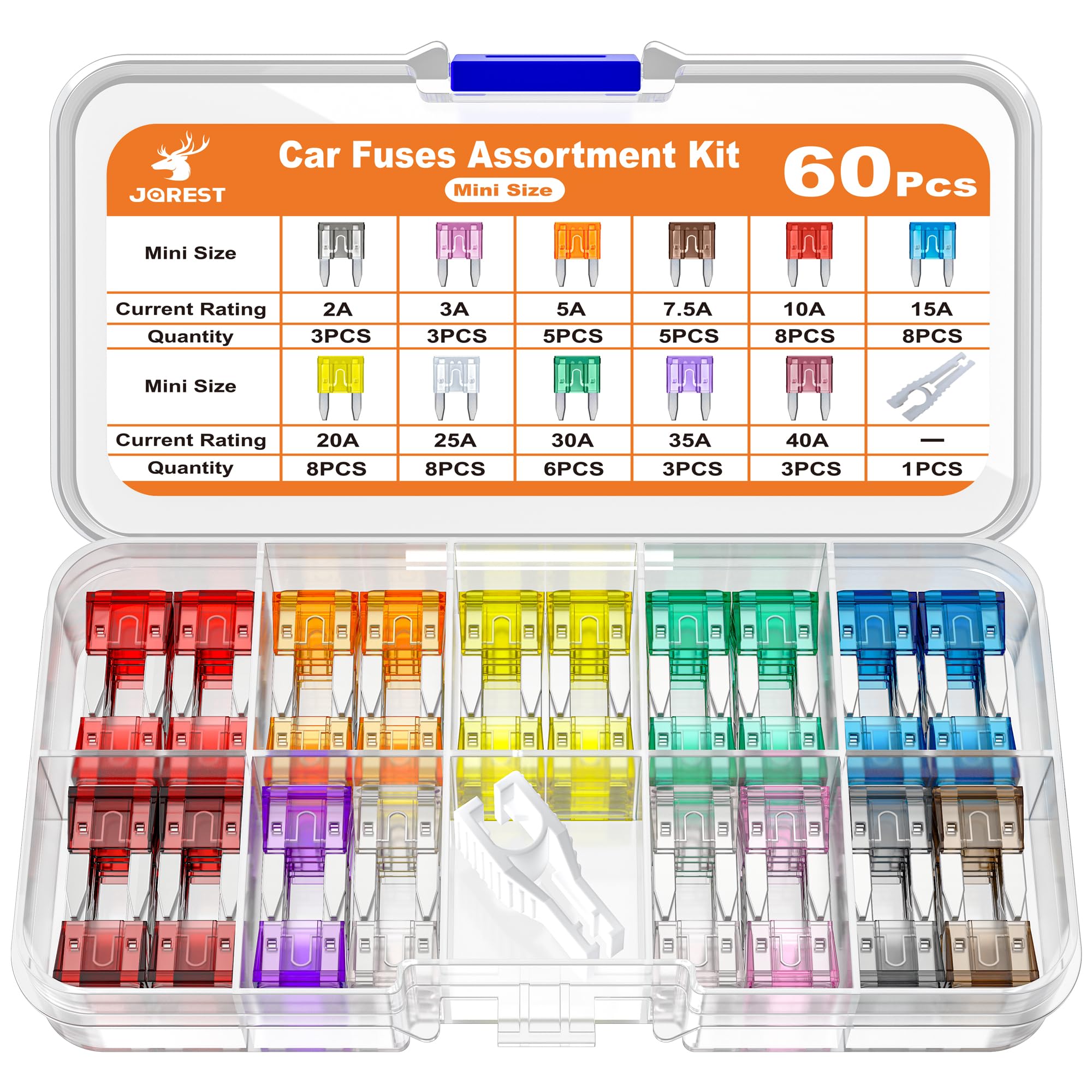 JOREST 60Pcs Mini Fuses Automotive Kit,Blade Small Replacement Fuse Assortment Kit for Vehicle RV SUV Motorcycle Truck Motor Boat(2Amp 3A 5A 7.5A 10A 15A 20A 25A 30A 35A 40A) + Auto Fuse Puller
