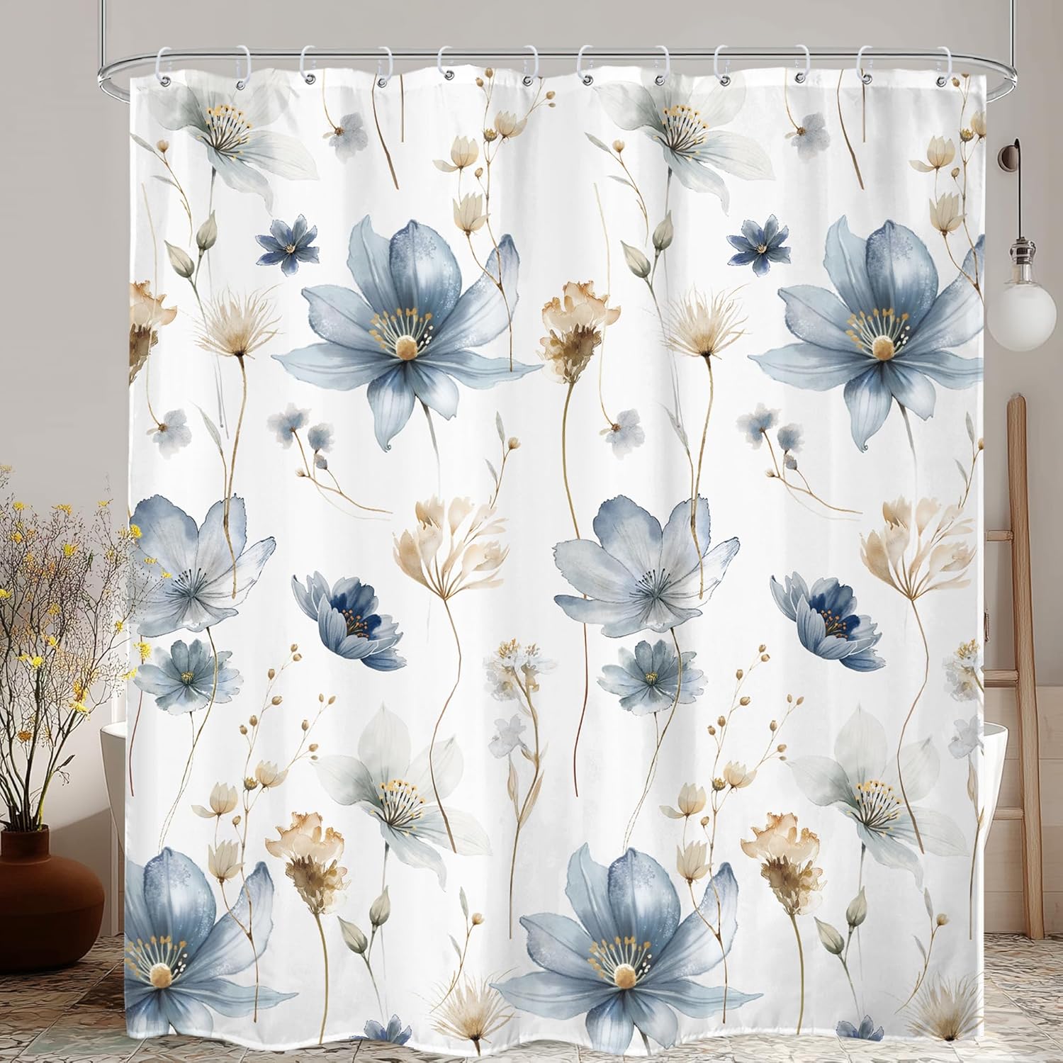 LIGHTINHOME Watercolor Floral Shower Curtain 72Wx84H Inches Extra Long Boho Blue Wildflower Rustic Flowers Botany Plants Kids Girls Cloth Fabric Waterproof Polyester Bathroom Home Decor Set with Hooks