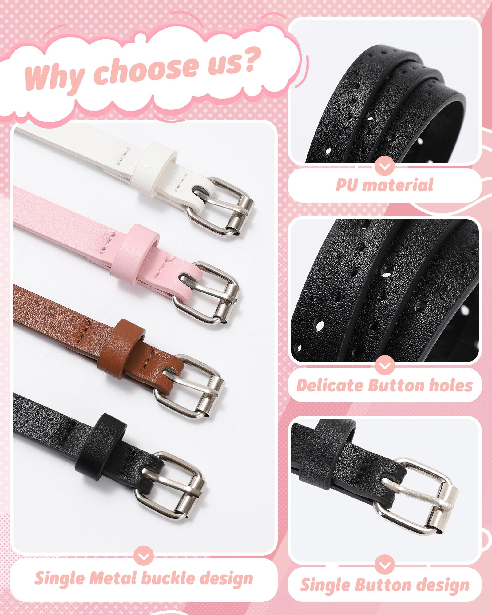 Kajeer Kids Belt for Girls,4 Pcs Durable PU Leather Belt Metal Buckle Heart Circle Hole Youth Toddler Belt for Uniform Casual