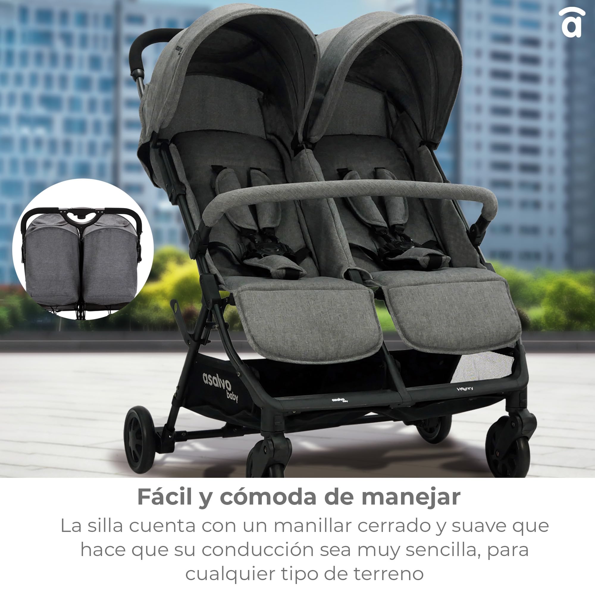 Asalvo DOUBLE HENRY Silla de paseo Doble, Cochecito doble para Gemelos y Hermanos, Ligera, Reclinable, Compacta, Plegable, Hasta 33kg, Freno trasero, Capota con ventana, Manejable, Verde