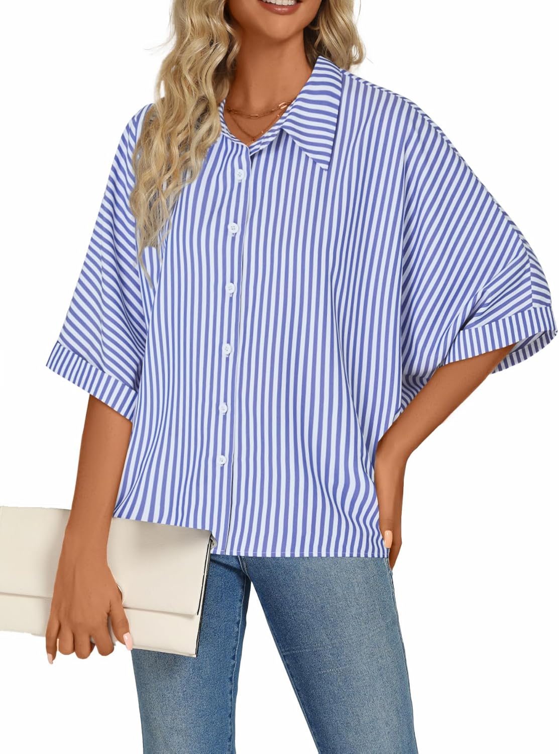 LYANER Women's Striped Button Down Shirts Collar V Neck Half Sleeve Casual Loose Office Work Blouse Tops - Image 3
