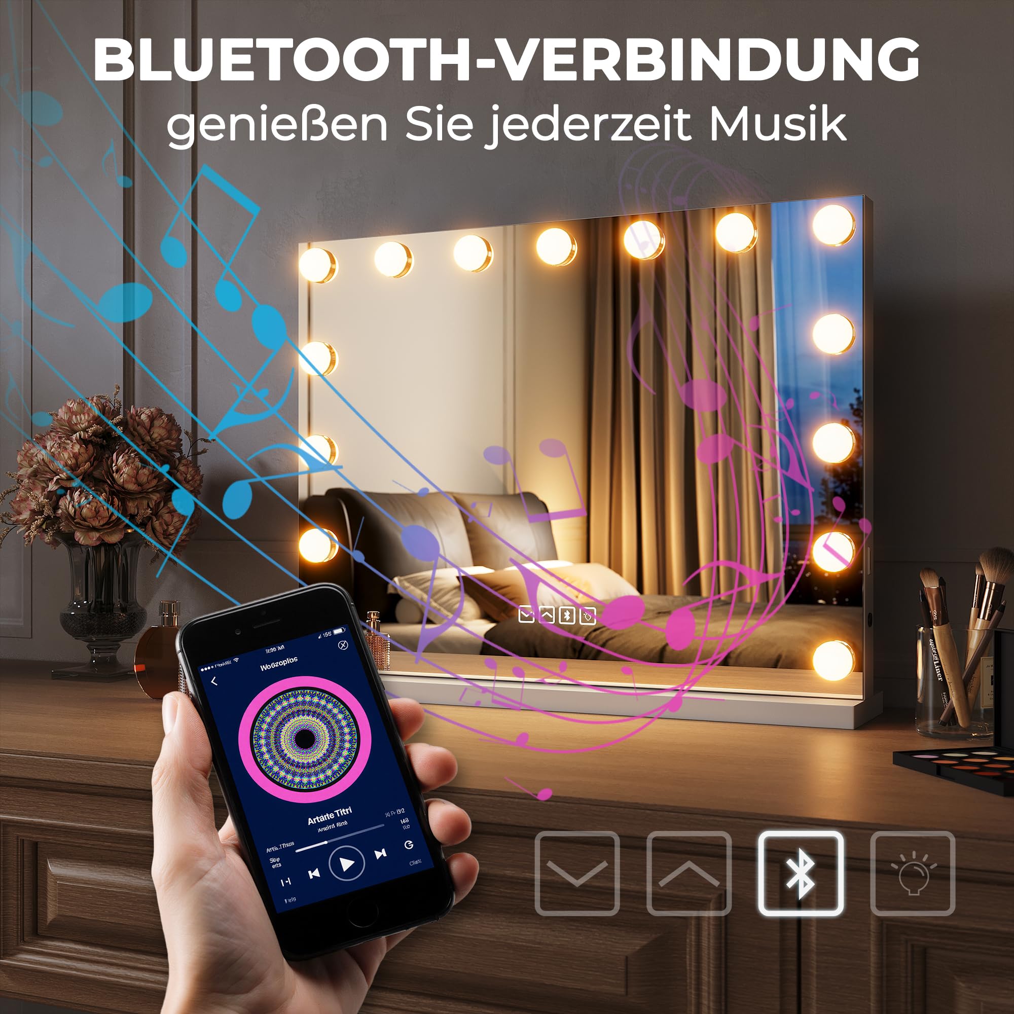 Hollywood Schminkspiegel mit Licht, Dreifarbiges Licht, Einstellbare Helligkeit, 58 x 45, Smart Touch Schalter und Memory Funktion, Mit Bluetooth