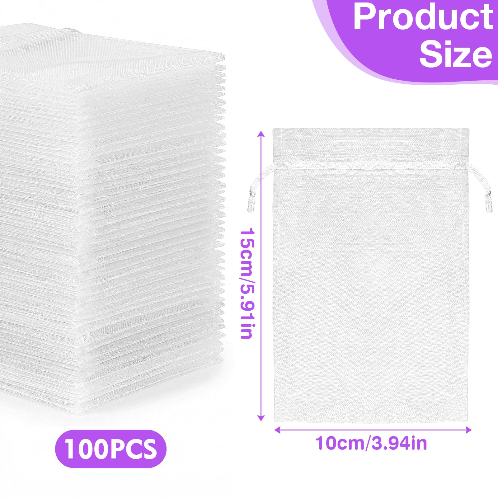 100 Piezas Bolsas de Organza, 10 x 15 CM Bolsas de Joyas, Bolsas de Caramelo con Cordón de Satén Bolsas de Regalo para Bodas,Regalo Decoración Fiestas Boda (Blanco)