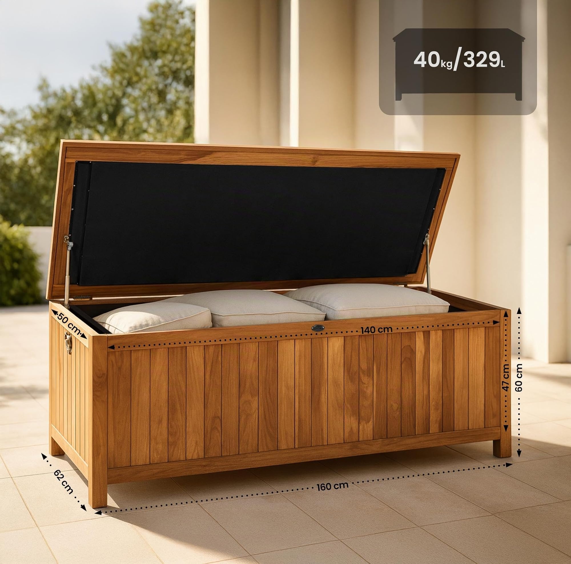 CLP Auflagenbox wasserdicht XXL Novena, große Gartenbox aus Teakholz wetterfest, Kissenbox outdoor für den Garten, Farbe:teak, Größe:160 cm