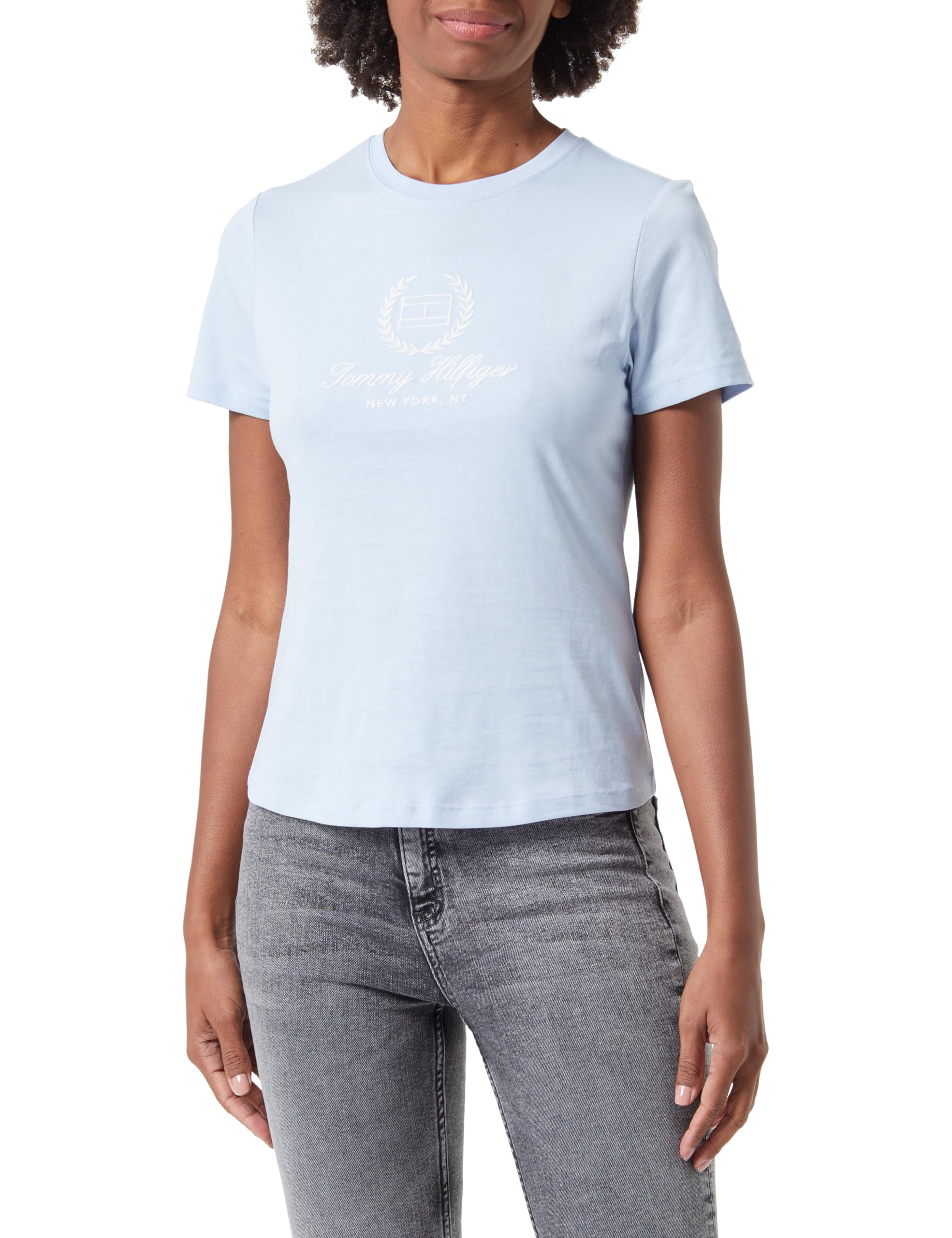 Tommy Hilfiger Damen T-Shirt Kurzarm Slim Flag Tee Rundhalsausschnitt, Blau (Breezy Blue), XXS