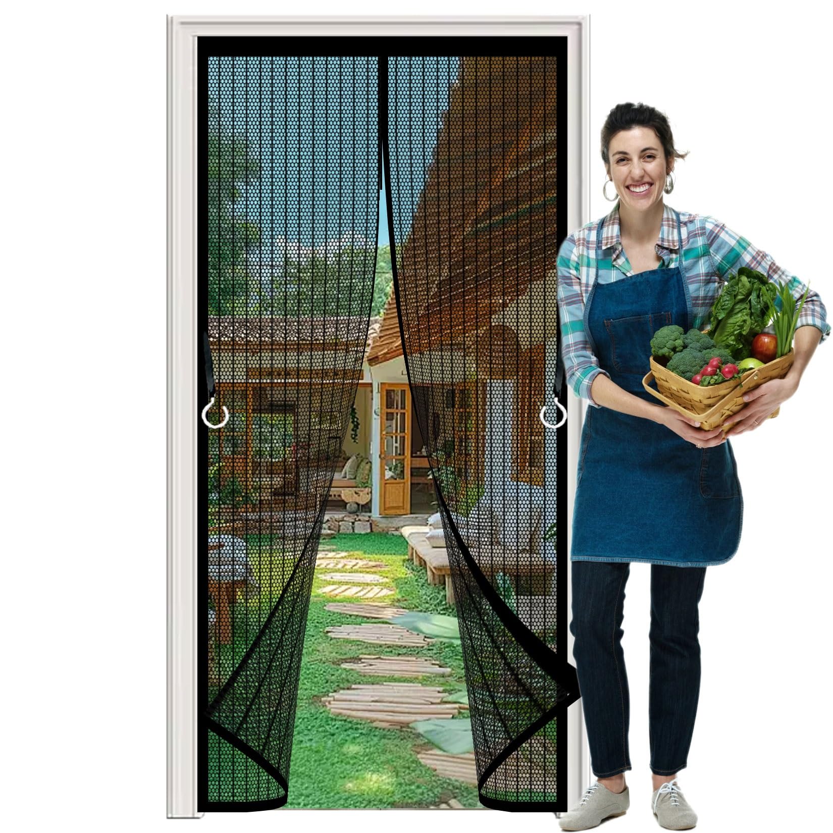 Mosquito Door Screen 101 x 148 cm Full Frame Magic Tape, Powerful Magnets Door Fly Screen, Patio Curtain Insect Mesh Without Drilling, Heavy Duty for Keeping Out Flies, Black