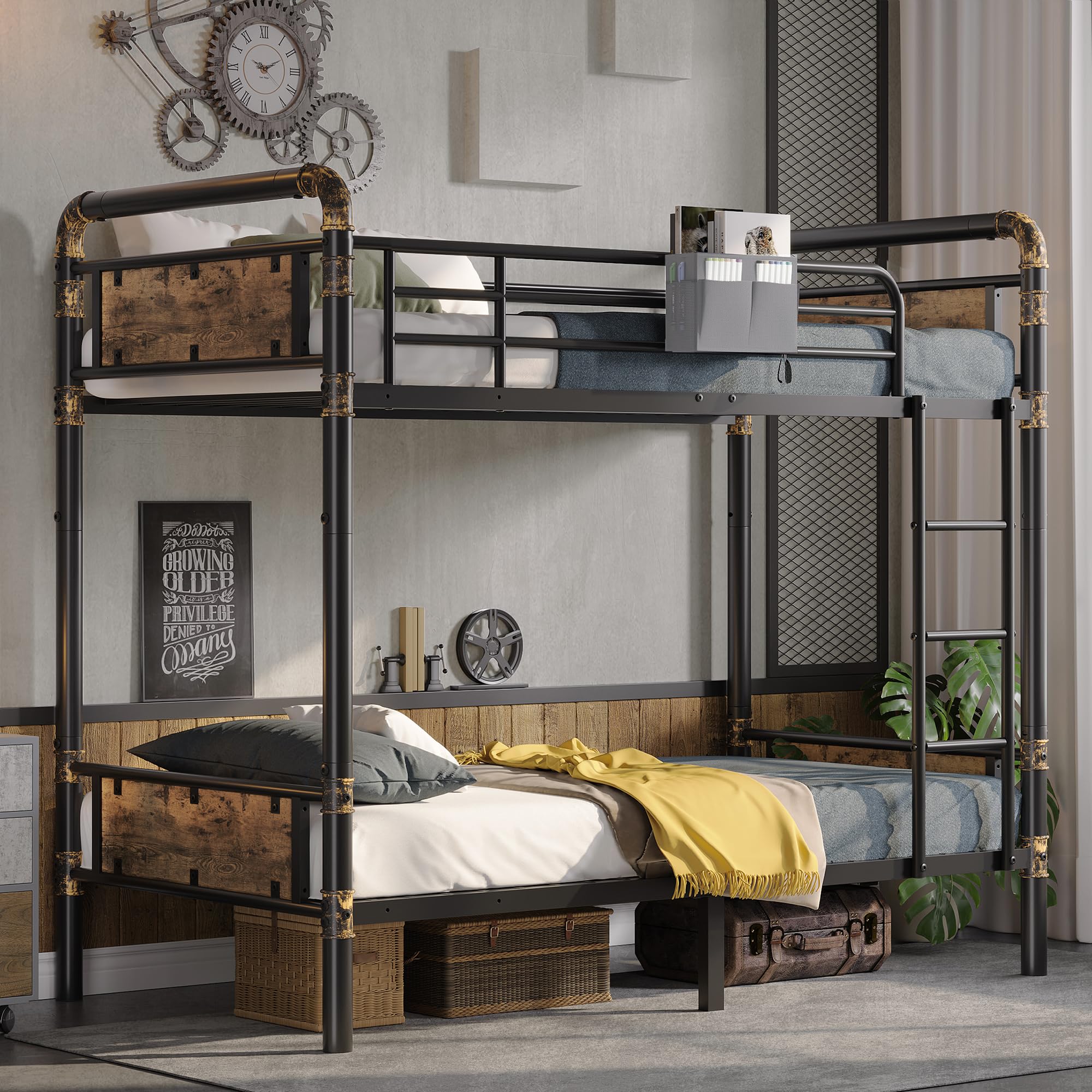 2 IN 1 Metal Bunk Bed Twin Over Twin, Convertible Twin Bunk Beds into 2 Individual Twin Size Bed for Kids Adults, 14.8" High Guard Rail,Space-Saving No Box Spring Needed Easy Assembly (Vintage Brown)