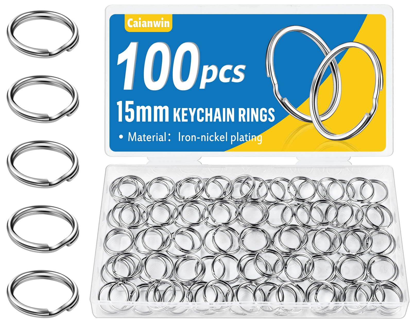Caianwin 100Pcs Key Ring Hoop 15mm, Key Ring Round Metal Split Rings for Keyrings Handyanhänger, Keychains, DIY and Ornaments