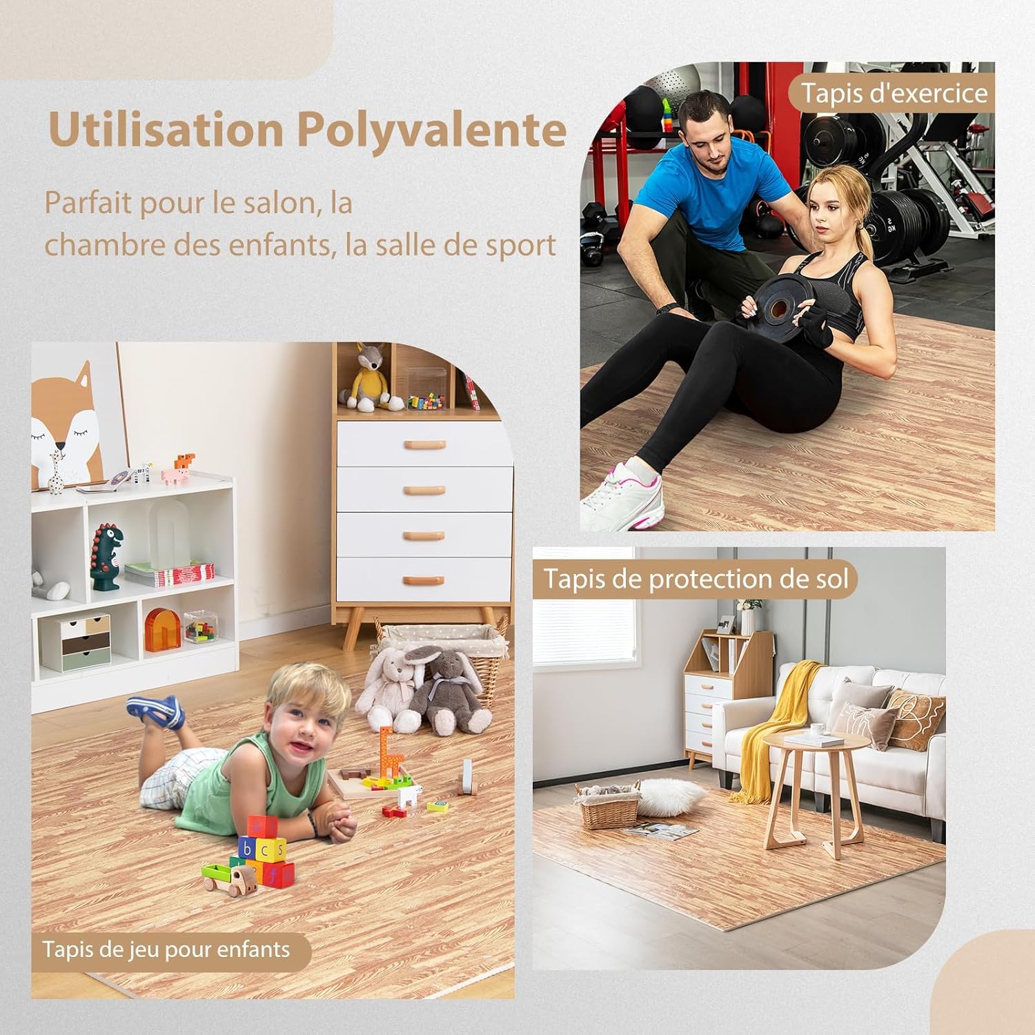 GOPLUS Tapis de Protection Fitness Puzzle en Mousse EVA, Tapis de Sport de Sol 12 Dalles Effect Bois, 61x61CM, Tapis Matelas Épais Antidérapant Couvre 4,5m² pour Gym, Salle de Sport, Garage, Piscine