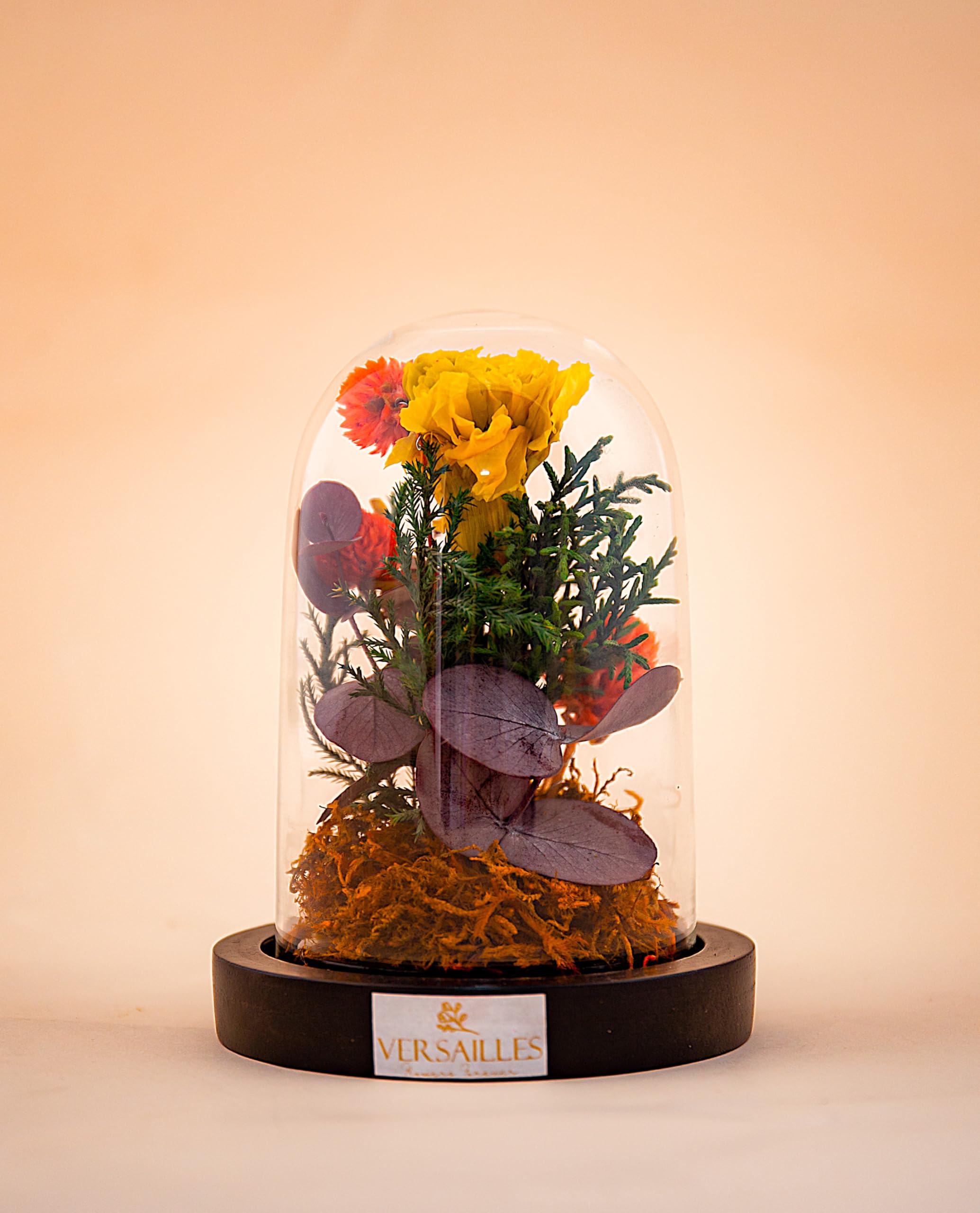 Versailles Eternal Botanical Bouquet Glass Dome | Preserved Yellow & Orange Flowers on Wood Base | Unique Home Decor Gift & Premium Keepsake-image-2
