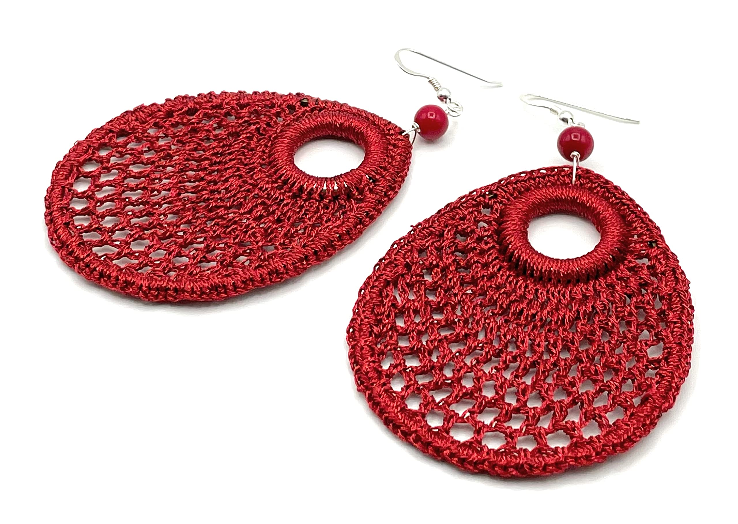 Pendientes Crochet y Coral Rojo, Plata 925, Joyas Artesanales, Estilo Moderno, Regalo para Mujer