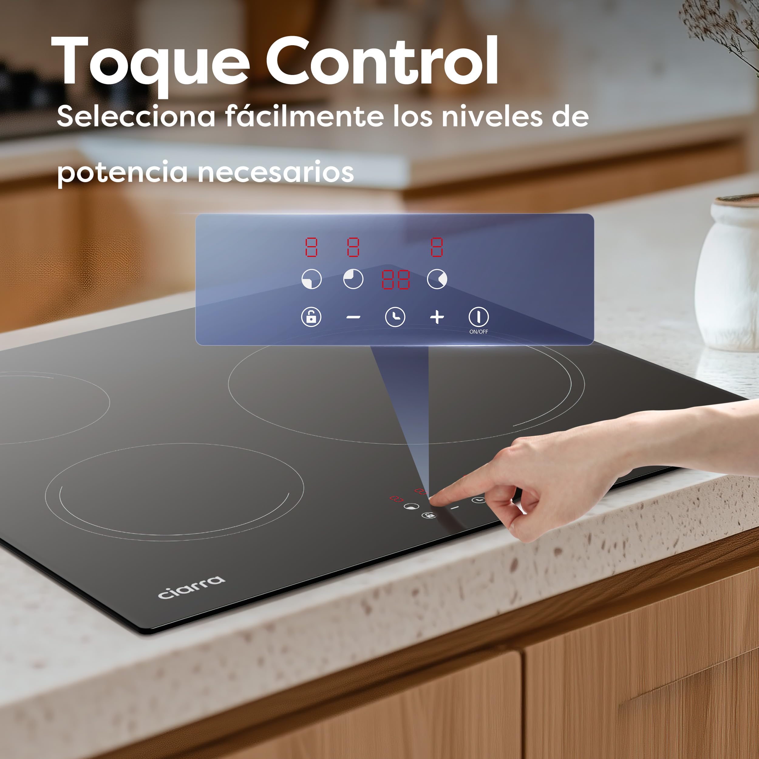Ciarra Placa Induccion 3 Fuegos 60cm 5600W Bloqueo de Seguridad | 9 Niveles, Control Táctil, Temporizador, Indicador de Calor Residual, Ideal Para el Uso Diario en Familia