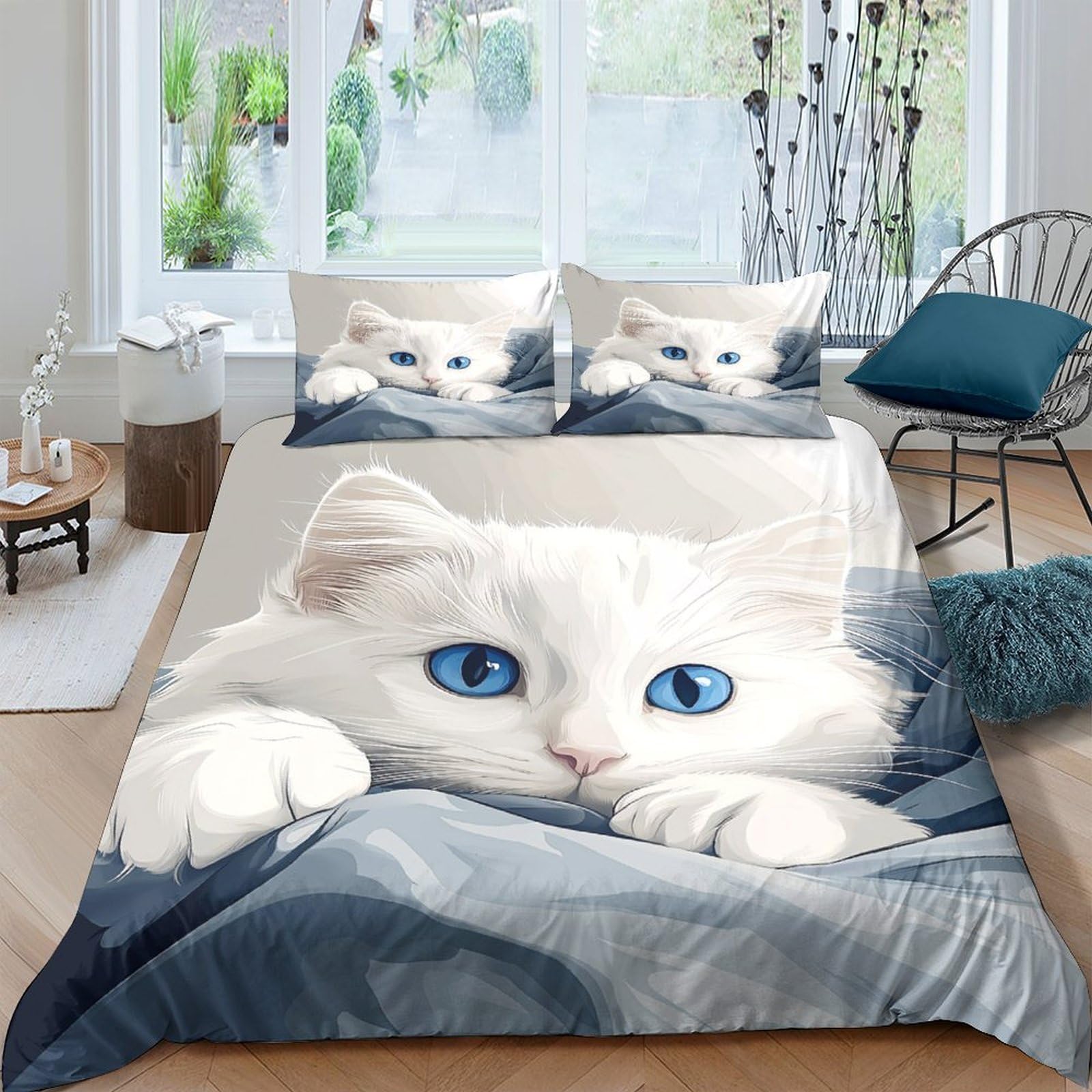 GPLZQXKJNH 3D Printed White Cat Duvet Cover Microfiber Soft Breathable Blue Eyes Quilt Cover Set with 2 Pillowcases for Bedroom Decor Single（135x200cm）