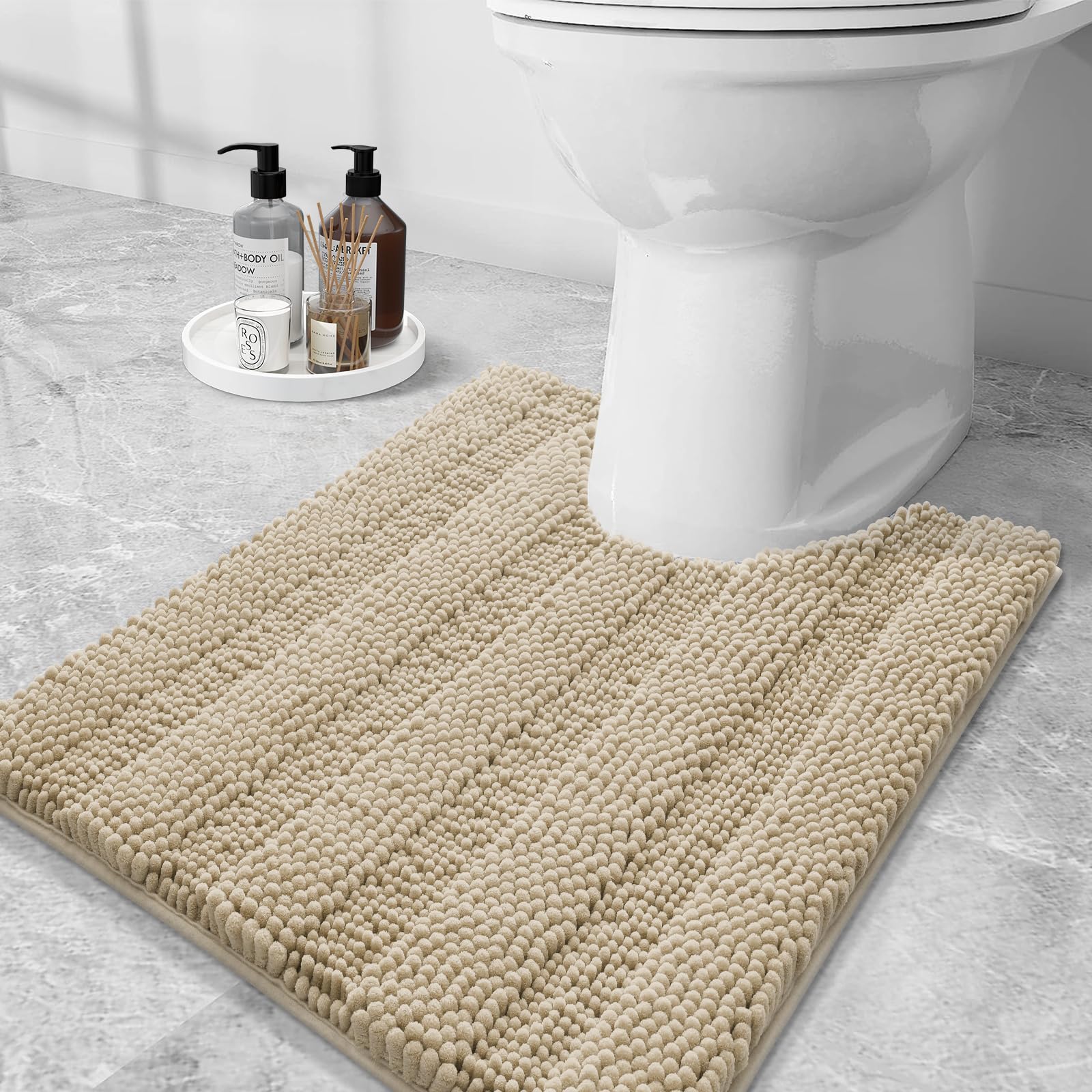 Grandaily Chenille Striped Toilet Rugs U-Shaped 24x20, Extra Soft and Absorbent Bathroom Rugs, Non-Slip Plush Shaggy Bath Rug, Machine Washable Contour Bath Mats for Toilet Base, Beige
