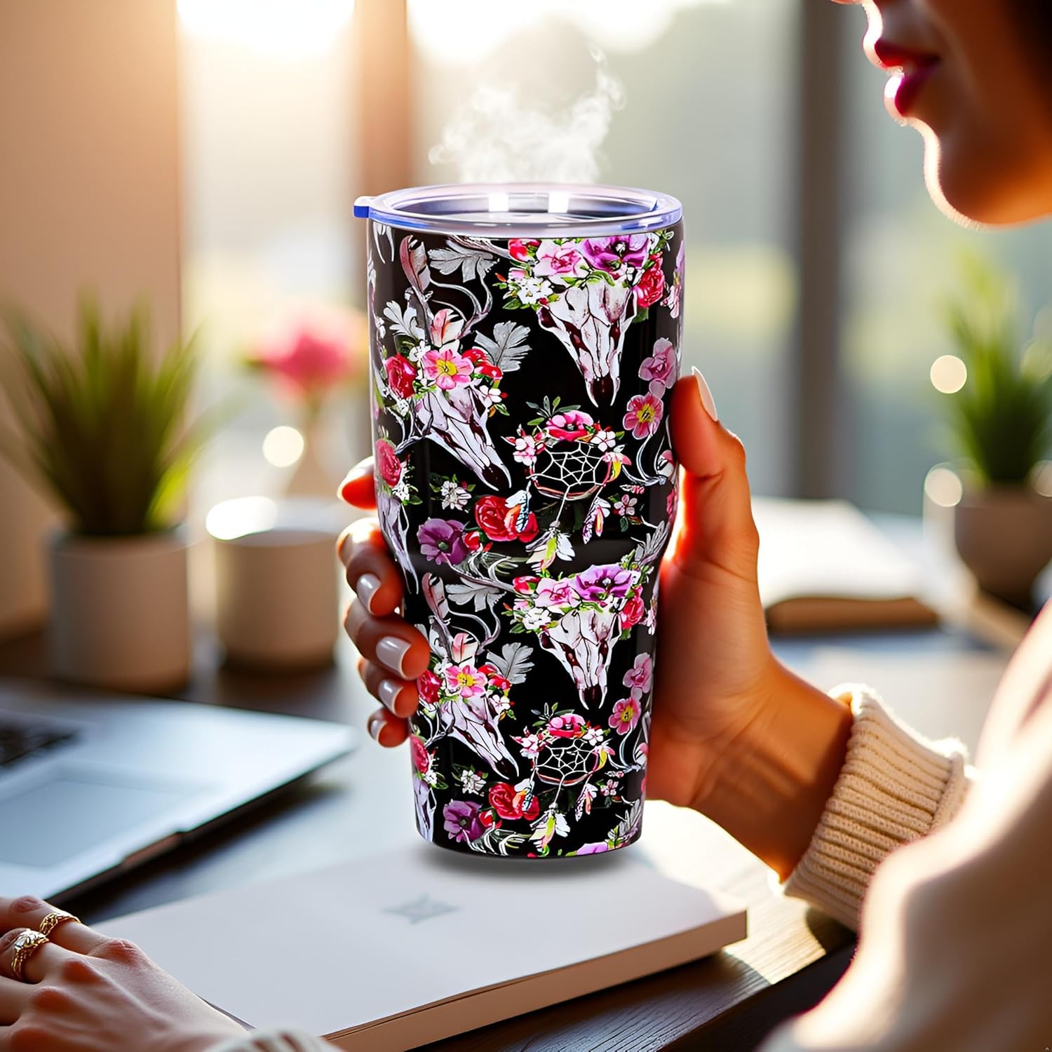 30oz Floral Stainless Steel Tumblers Travel Mug with Lid Vacuum Double Wall Insulation Drinking Cup Western CowCompound festival Gifts for Women (Black Bullskull) - Image 3