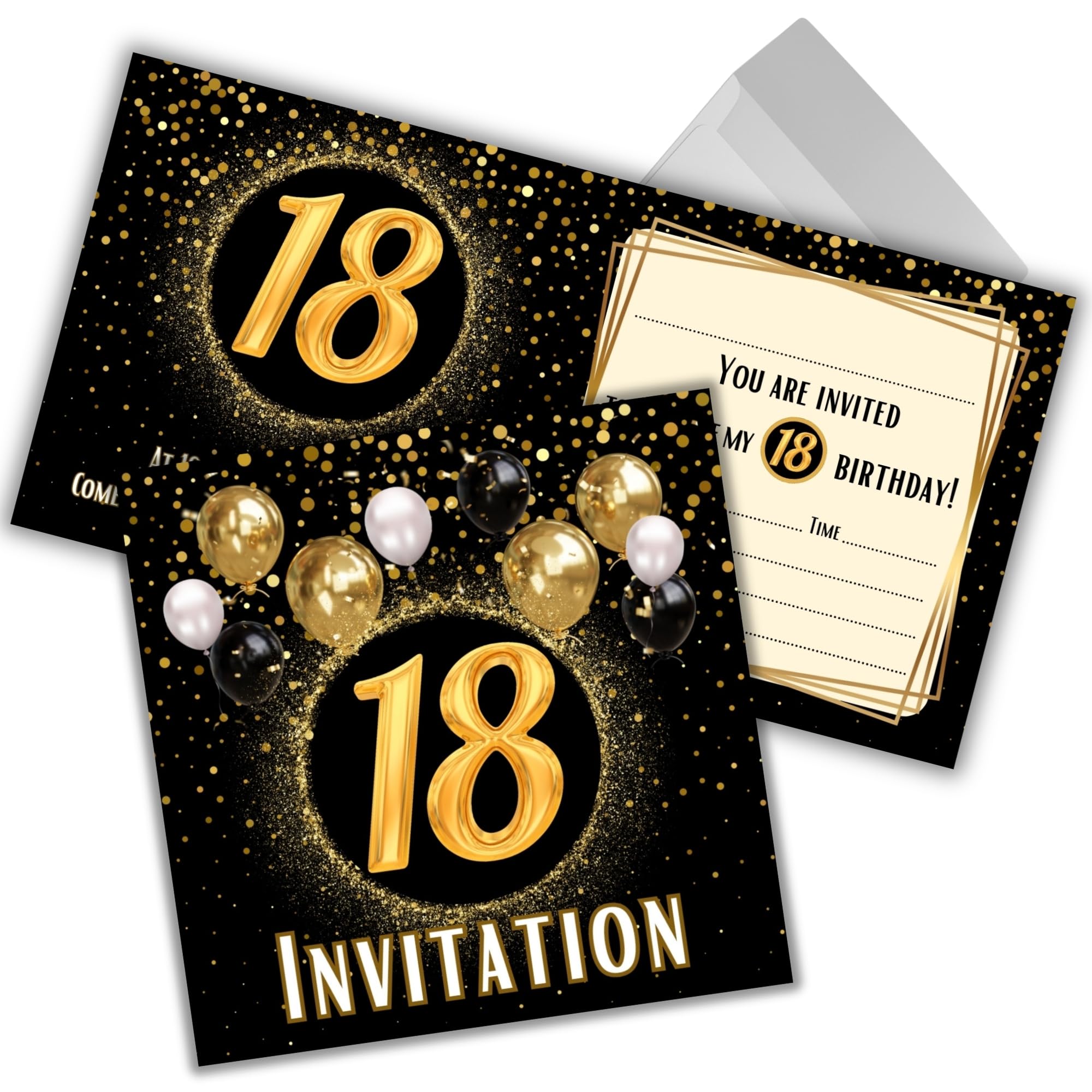 JOCERO 18th Birthday Invitations Pack of 20 with Envelopes – Elegant Gold & Balloon Design – Square 12×12 cm – Ideal for Men & Women