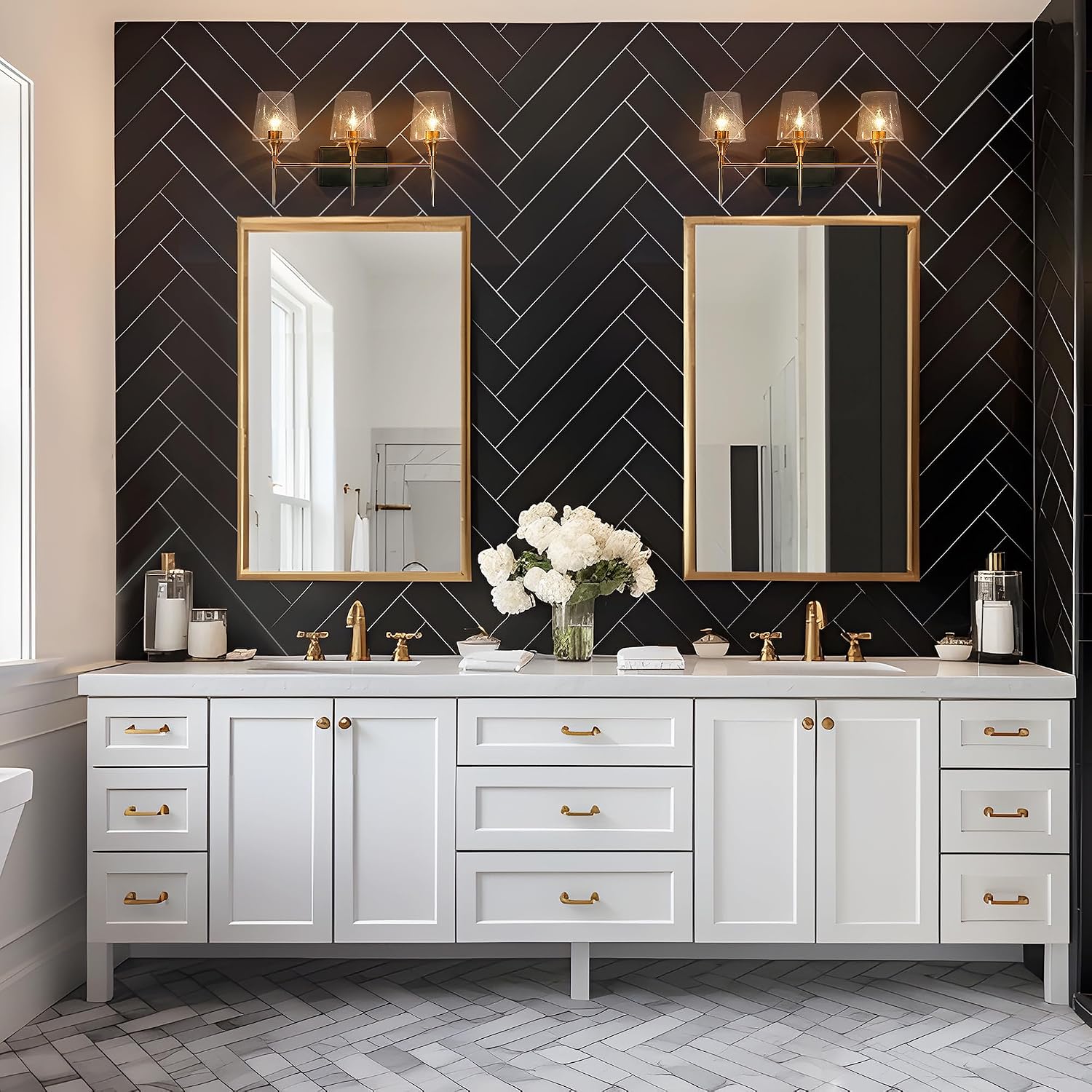 KSANA Black Gold Vanity Light, Modern 21.5”L Bathroom Light Fixture Over Mirror, 3-Light Wall Mount Sconce Lighting with Seeded Glass Shade and Electroplating Brass Finish