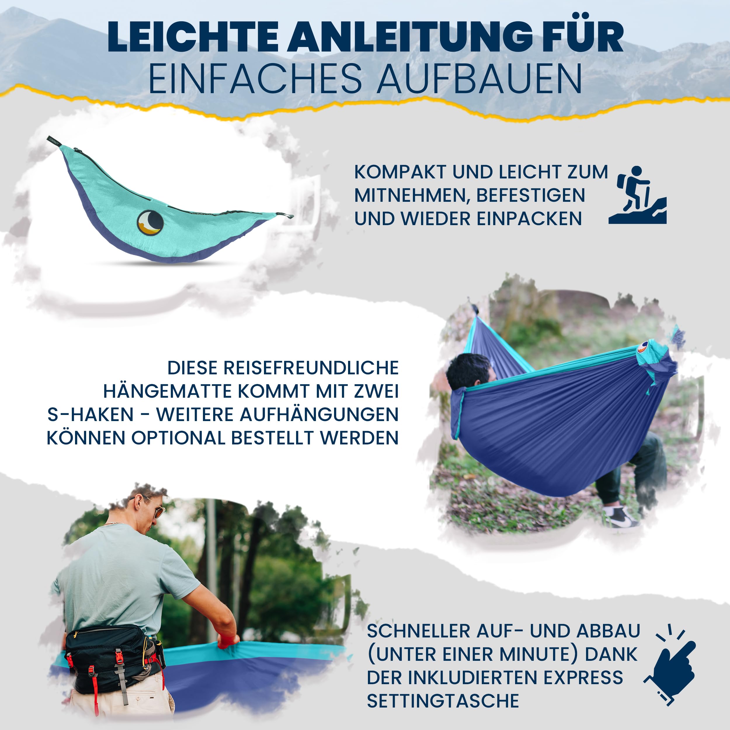 Fallschirmhängematte Original - Das Original seit 1996 | KÖNIGSBLAU/TÜRKIS | Multitalent und Leichtgewicht | 320 x 200 cm, nur 600 g | Schneller Aufbau < 1min | Camping, Hängematte