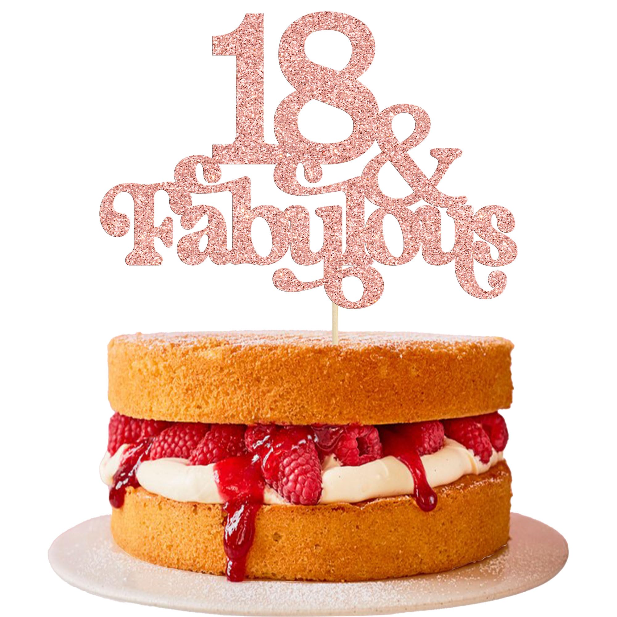 Ephlyn 1Pc 18 & Fabulous Cake Topper Glitter Eighteen and Fabulous Cake Toppers Happy 18th Birthday Cake Pick for 18th Wedding Anniversary Birthday Party Decorations Supplies Rose Gold