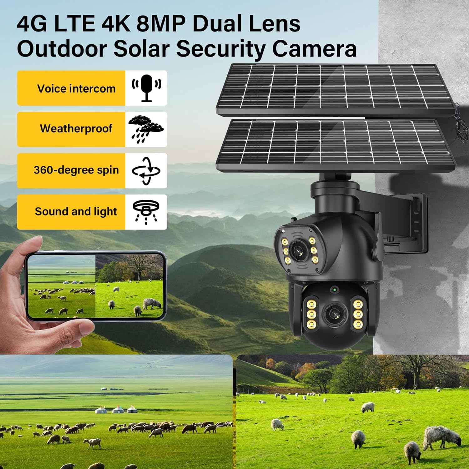 No WiFi Cellular Security Camera,4G LTE,Solar Panel Wireless Outdoor Security Camera,Dual-Lens Linkage,Ultra-Clear Picture Quality,Two-Way Voice Intercom,Night Vision,Motion Sensing,SD Card Playback
