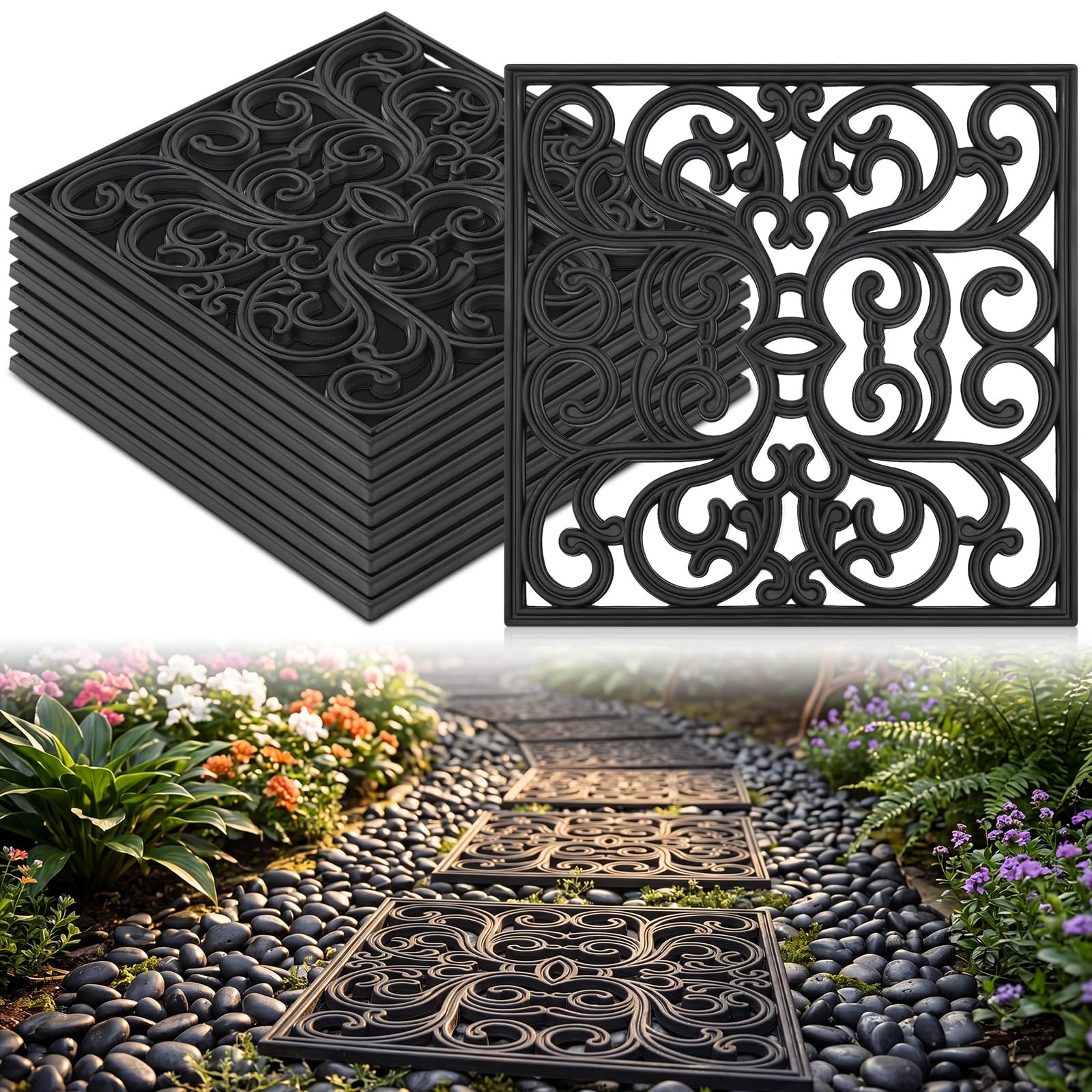 Photo 1 of Pangda Rubber Stepping Stones - 8 Pcs, Black, Scroll