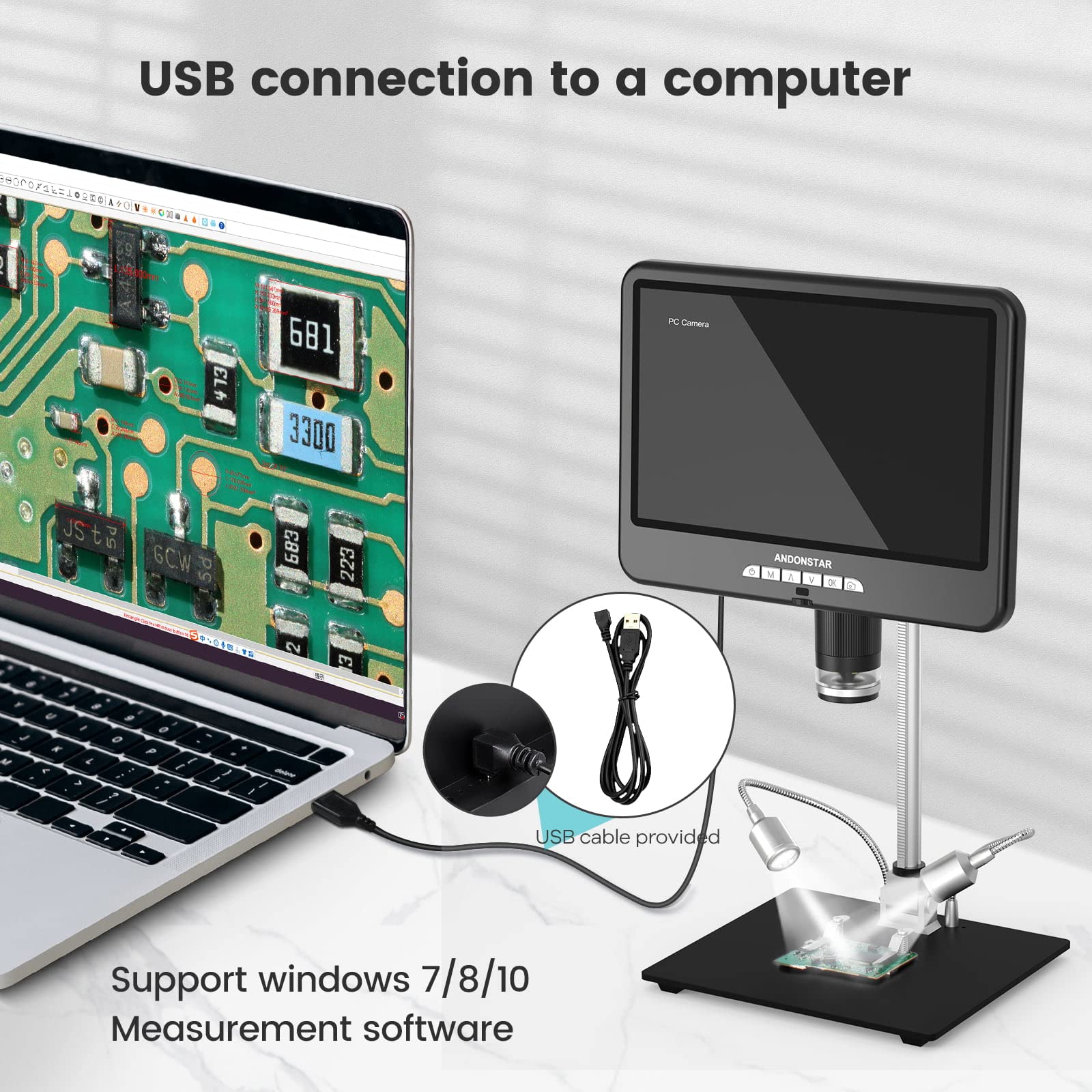 Andonstar Microscopio digitale HDMI da 10,1 pollici AD207S-10, microscopio a saldatura, microscopio a moneta per monete di errore, kit microscopio elettronico