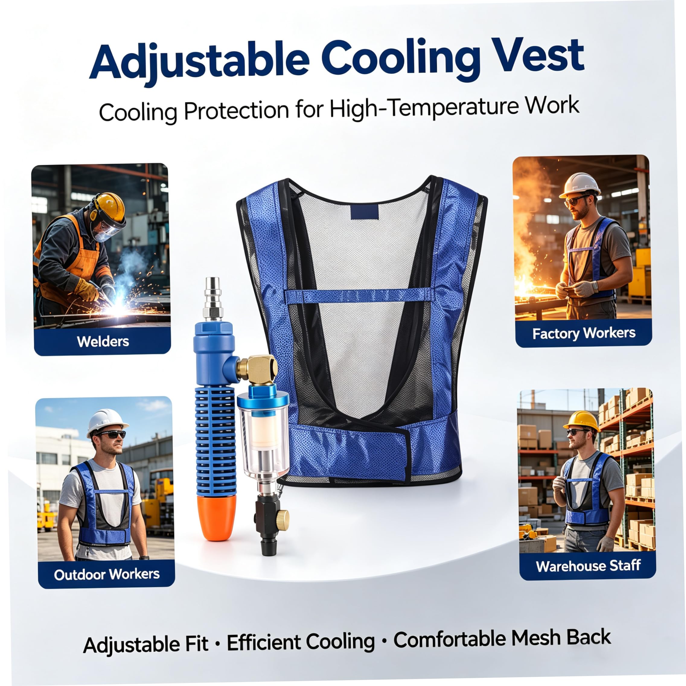 Chaleco de enfriamiento comprimido por aire con tubo de remolino ajustable para hombres, chaqueta de alivio de calor para la industria del acero de soldadura, equipo de enfriamiento de seguridad
