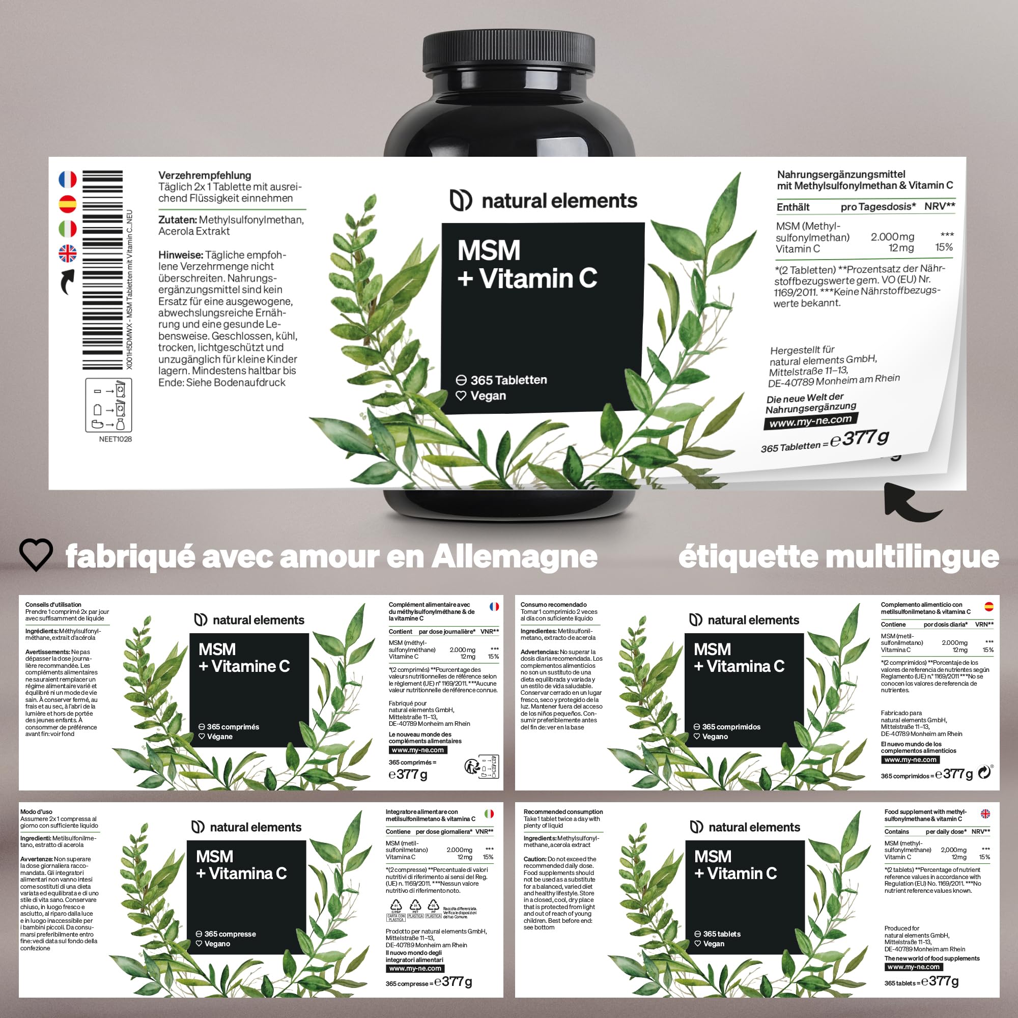 MSM 2000mg + Vitamine C naturelle – 365 comprimés au lieu de gélules – méthylsulfonylméthane – hautement dosé, végane – contrôlé en laboratoire en Allemagne