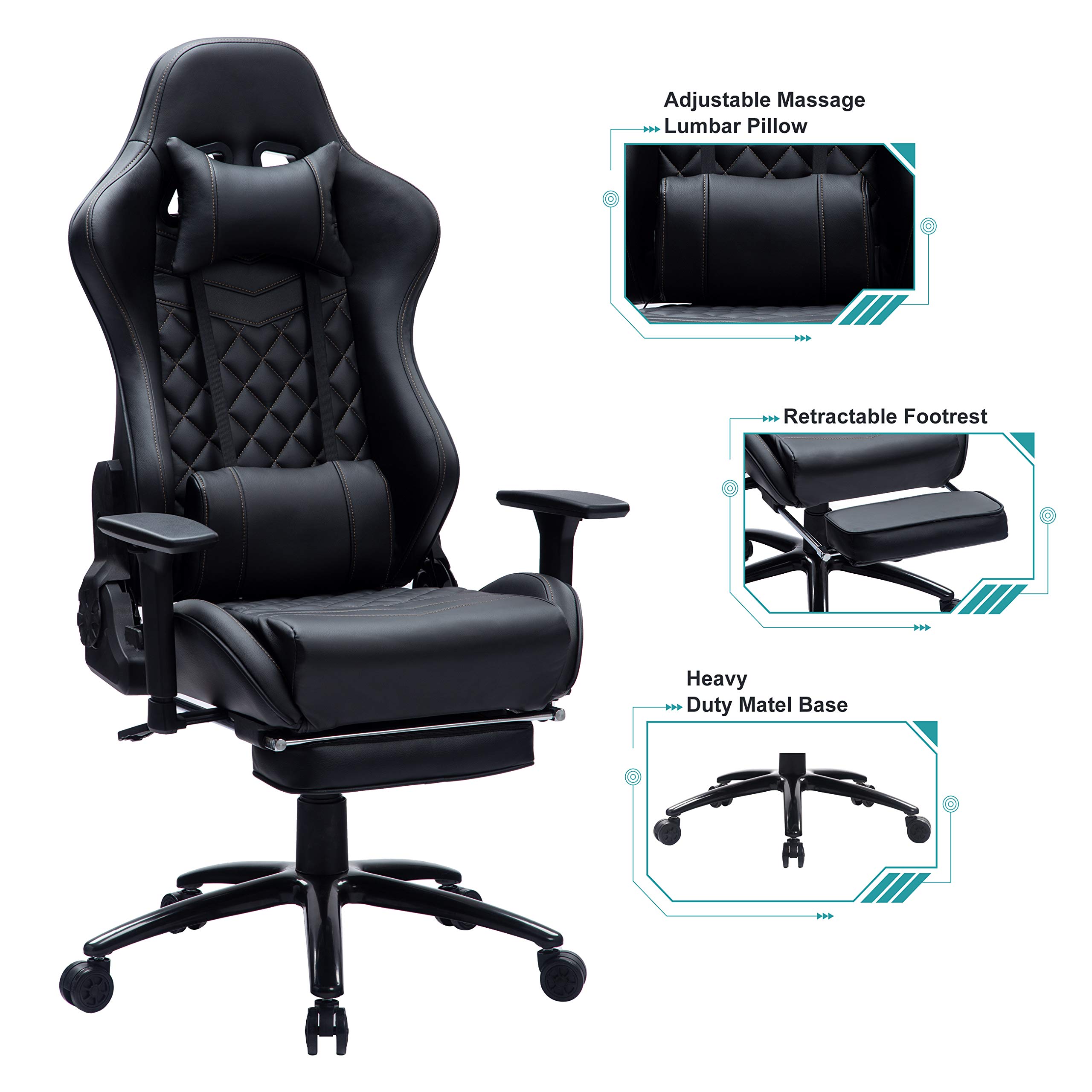 Blue Whale Massage Gaming Chair with Footrest and 350LBS Metal Base,Thickened Seat Cushion,3D Adjustable Armrest, Big and Tall Ergonomic Office Computer Chair