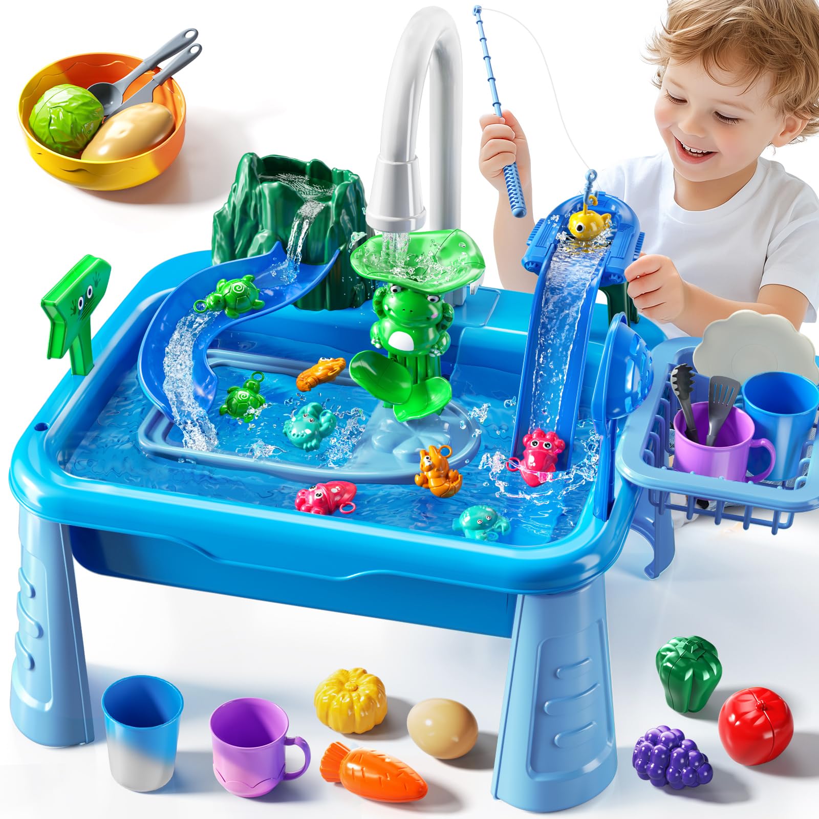 JUKUDAHU Water Table Play Sink Toy for Kids 2 3 4 5 6 Years Old - Outdoor Kitchen with Running Water, Fishing Games, Toddler Water Play Table for Kids