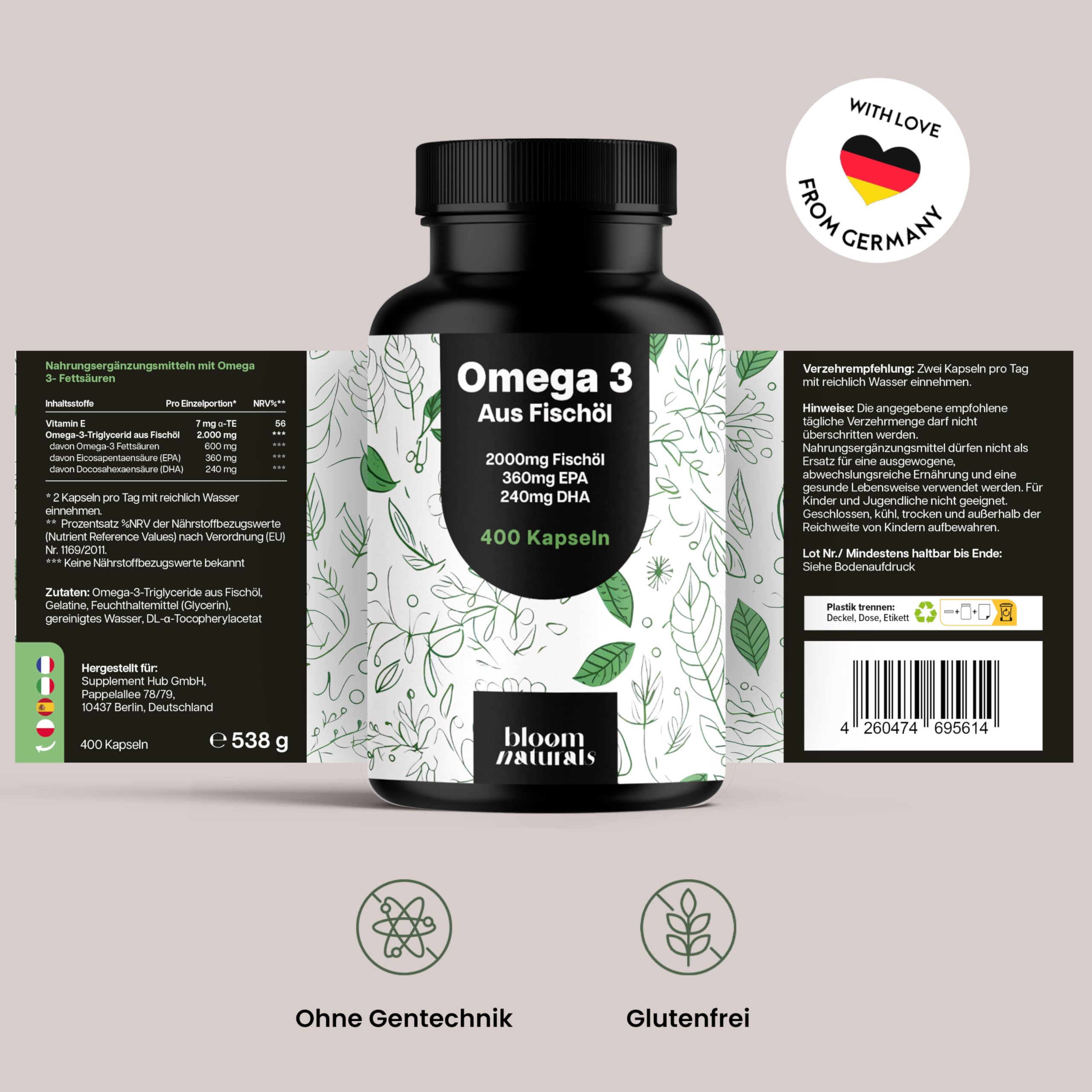 Omega 3 Kapseln Hochdosiert - 400 Kapseln mit 2000mg - EPA 360mg & DHA 240mg Fischöl pro Tagesportion - Omega 3 Fettsäuren Kapseln, produziert in Deutschland Laborgeprüft - Verpackung kann variieren