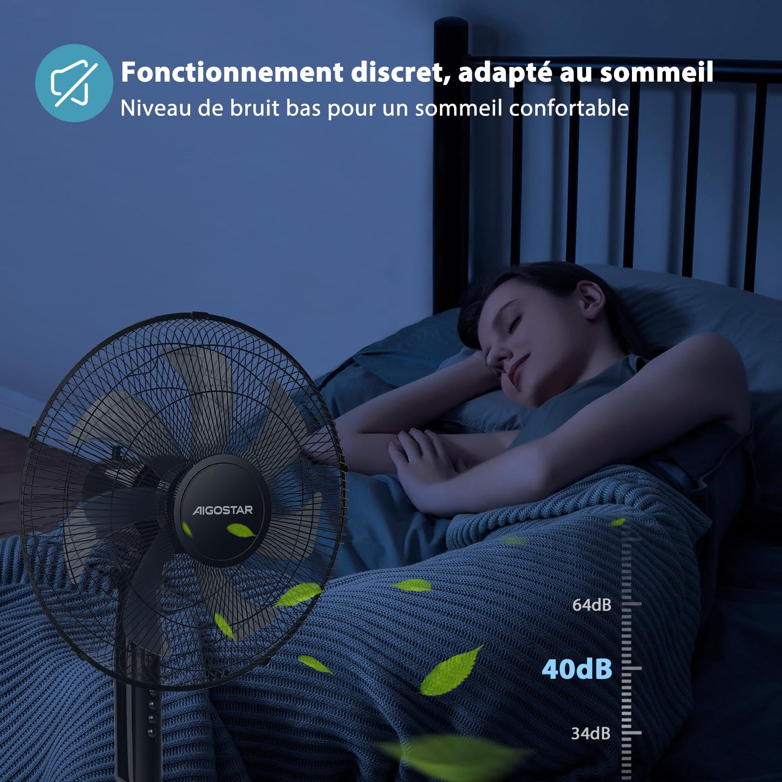 Aigostar Ventilateur sur pied, 7 Pales, 3 Vitesses, Puissant, Silencieux et Stable, 50W, Grille Sécurisée, VDE, Noir