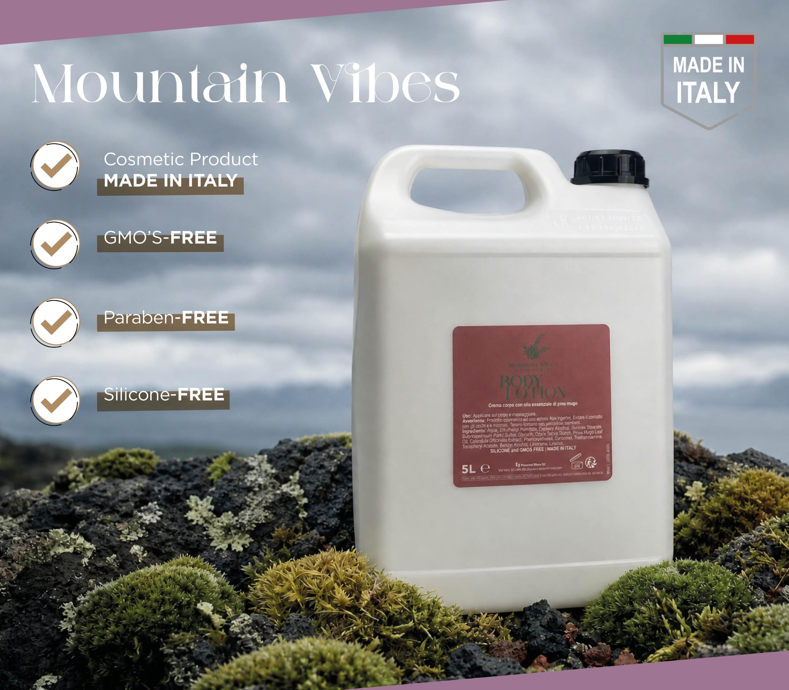 Present-More Mountain Vibes Körpercreme 5 l - Körpercreme 1 Stück für Hotels, B & B und Hotels | Körpercreme mit Duft Pino Mugo (1 Kanister)