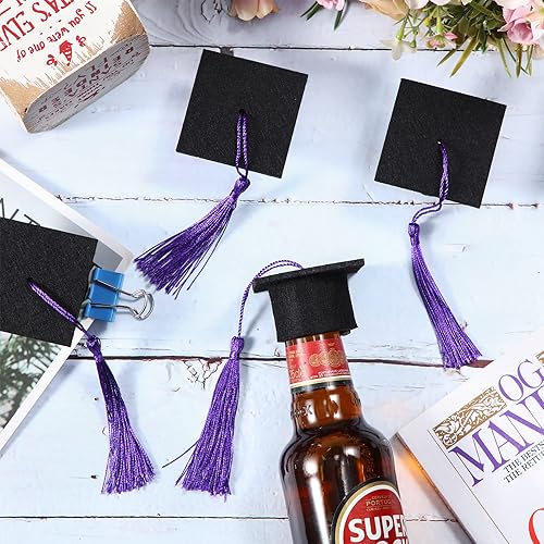 Miniatura 10 de 36 mini gorras de graduación 2024 con borlas para botellas de vino de graduación (gorra negra con borla verde)