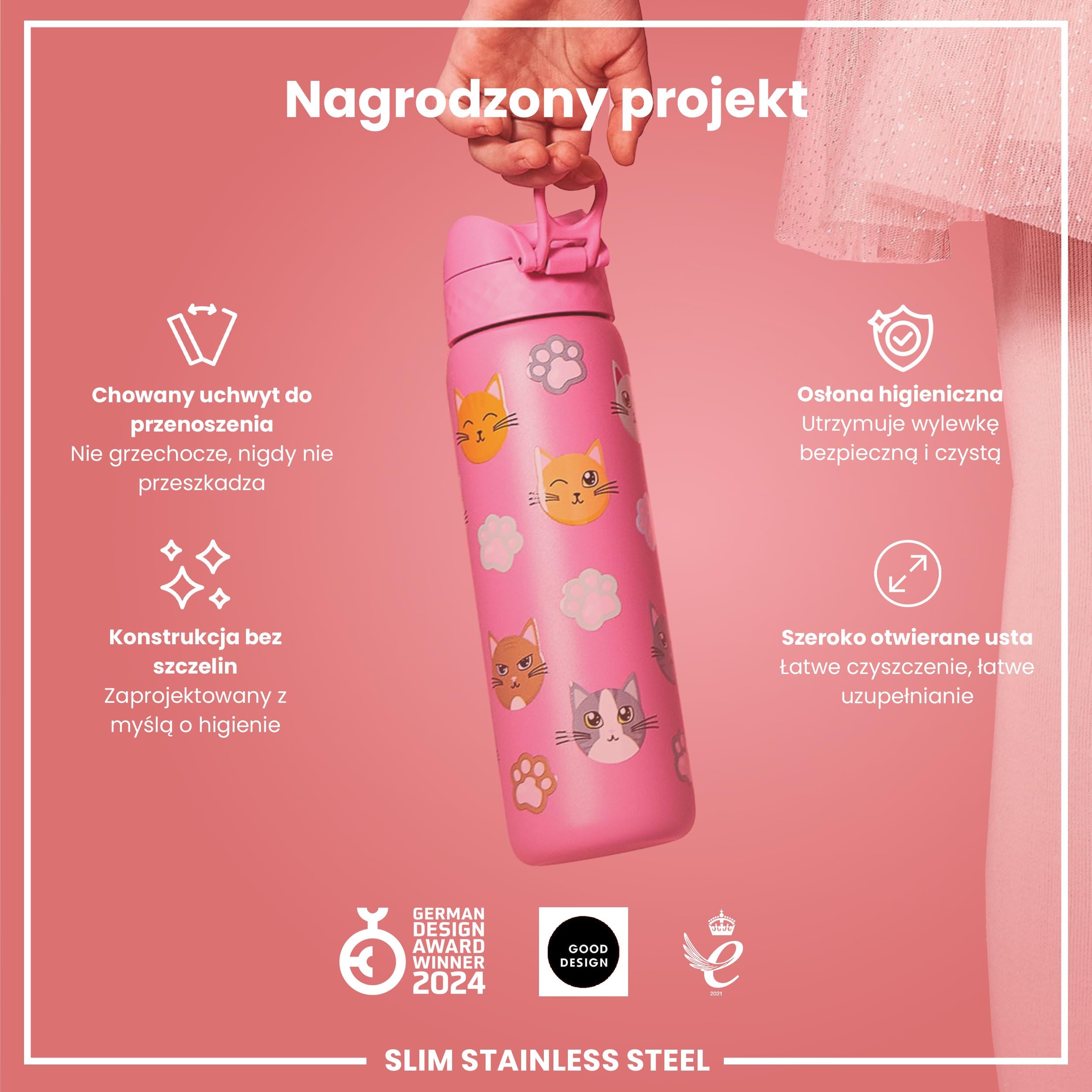 ION8 Butelka na Wodę, 500 ml/18 oz, Szczelna, Łatwe Otwieranie, Bezpieczny Zamek, Można Myć w Zmywarce, Bez BPA, Higieniczne Pokrycie, Uchwyt do Przenoszenia, Łatwa Czyszczenie, Bezwonny, Motyw Koty