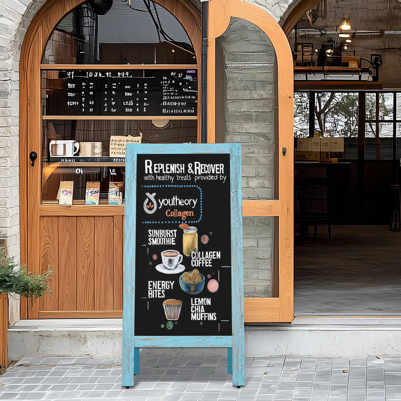 4 THOUGHT A-Frame - Pizarra magnética para acera, 40 x 20 pulgadas, tablero sándwich de madera rústica de doble cara independiente para exteriores, caballete publicitario para restaurante, cafetería,