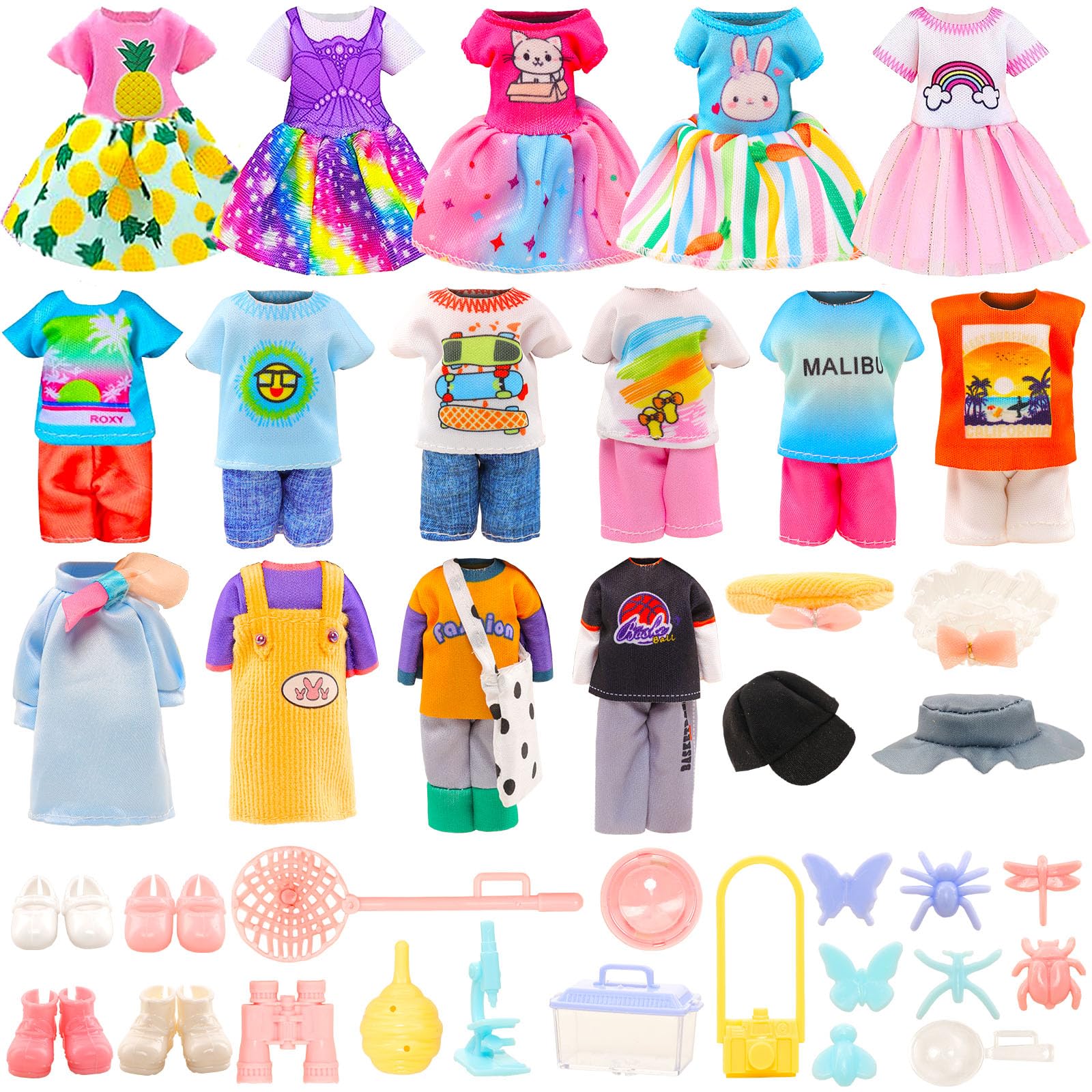 ENOCHT 29 Pcs Doll Clothes Wilderness Interactive Playset for Mini Girl Dolls 5 Outfits 5 Dresses 4 Shoes 15 Wilderness Adventure Accessories for 5.3 -6 Inch Doll Clothes and Accessories