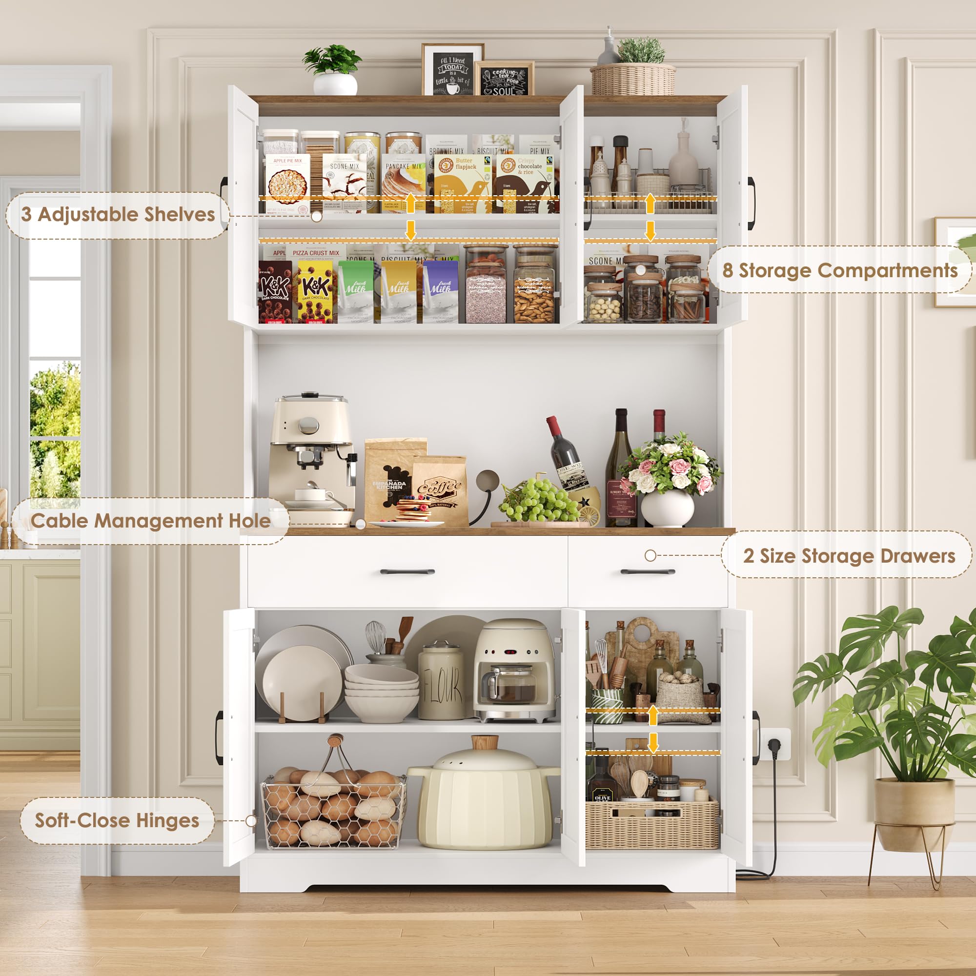 HOCSOK Küchenschrank Set, Buffetschrank mit Steckdosen & Mikrowellenregal, Sideboard Küche mit Acryltür, Hochschrank Vorratsschrank für Kaffeebar, Esszimmer, Wohnzimmer (Weiß)