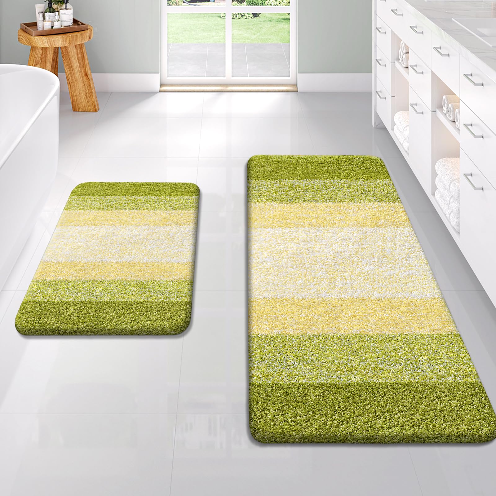 OLANLY Bathroom Rug Set 2 Piece, Soft Absorbent Microfiber Bath Rug Set, Non-Slip, Machine Wash Dry, Plush Shaggy Bath Mats for Bathroom (47"x20"+24"x16", Olive Green)