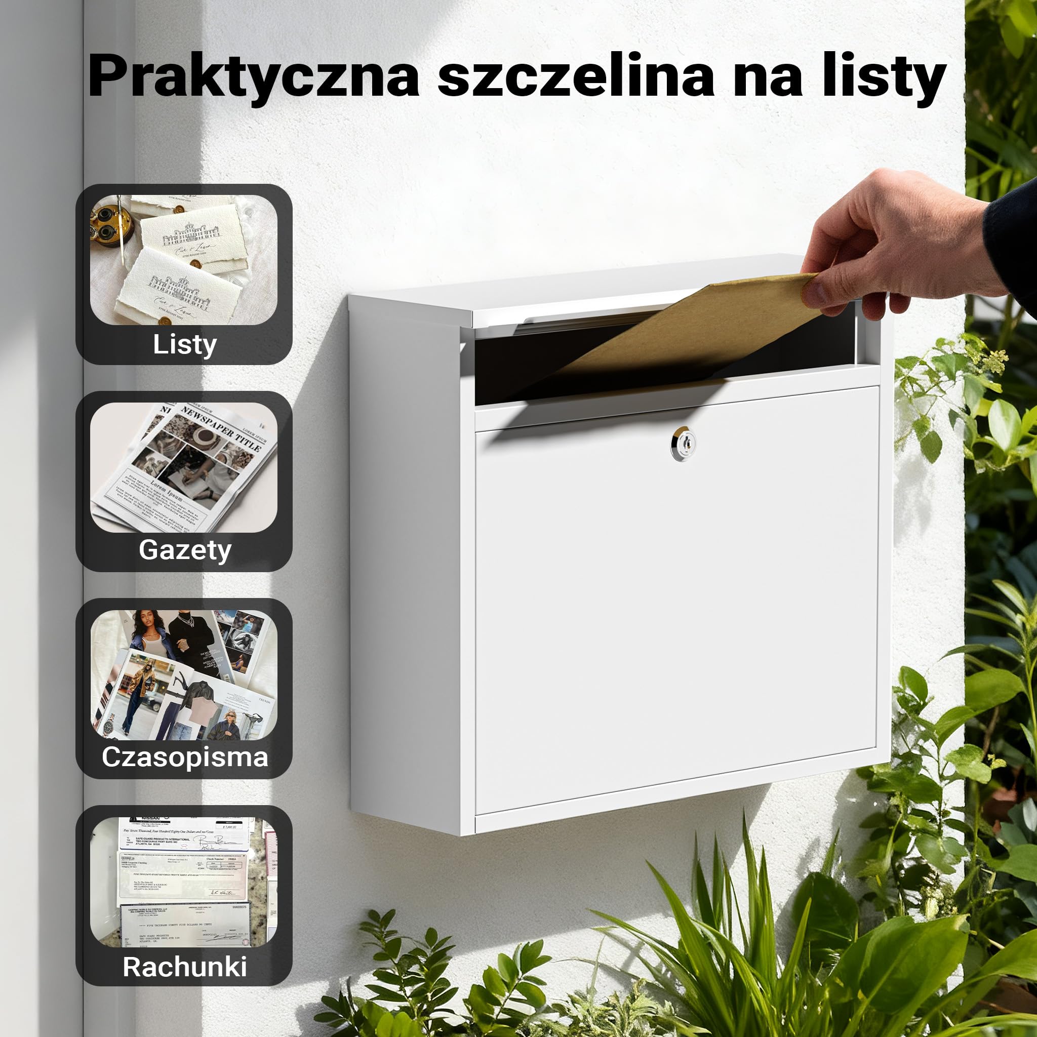 Wiltec Skrzynka na listy biała V13, stalowa z zamkiem, minimalistyczna skrzynka pocztowa do montażu na ścianie i stojaku, stal galwanizowana